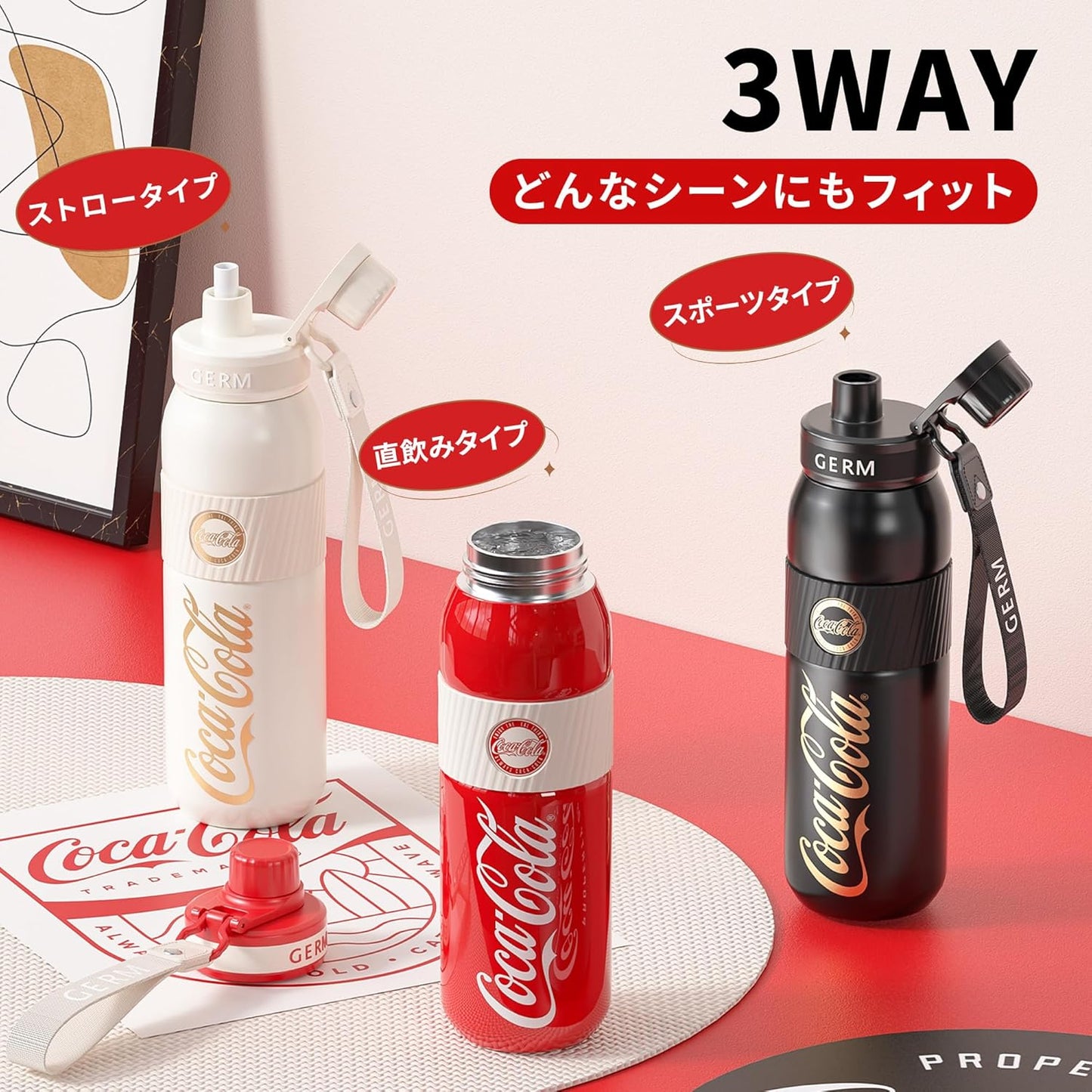 GERM × Coca-Cola 【Official Collaboration】Athletic Vacuum Insulated Bottle 580ml Sports Bottle Seven-Layer Structure 3WAY Water Bottle Easy to Clean Mug Bottle Coca-Cola Direct Drinking Vacuum