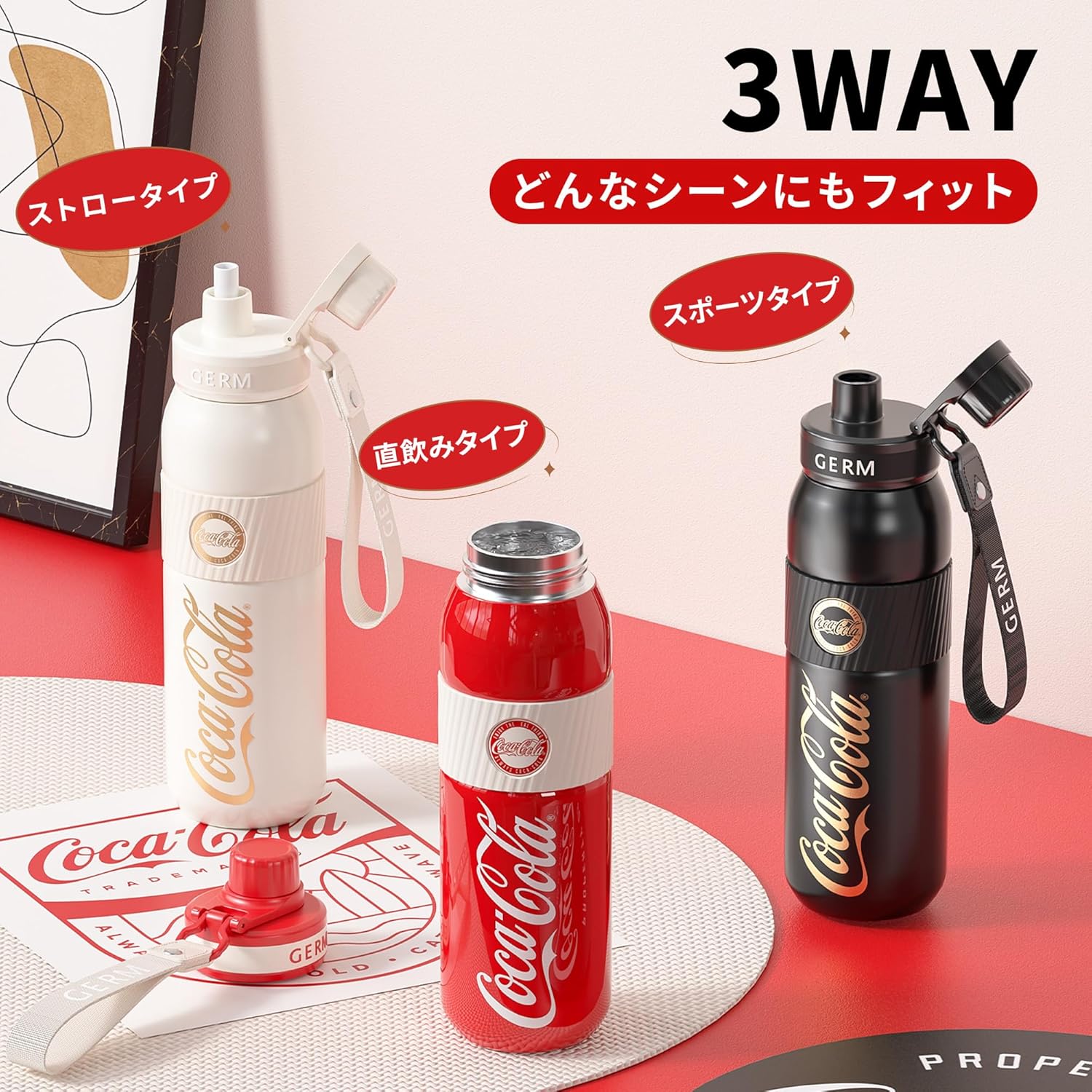 GERM × Coca-Cola 【Official Collaboration】Athletic Vacuum Insulated Bottle 580ml Sports Bottle Seven-Layer Structure 3WAY Water Bottle Easy to Clean Mug Bottle Coca-Cola Direct Drinking Vacuum
