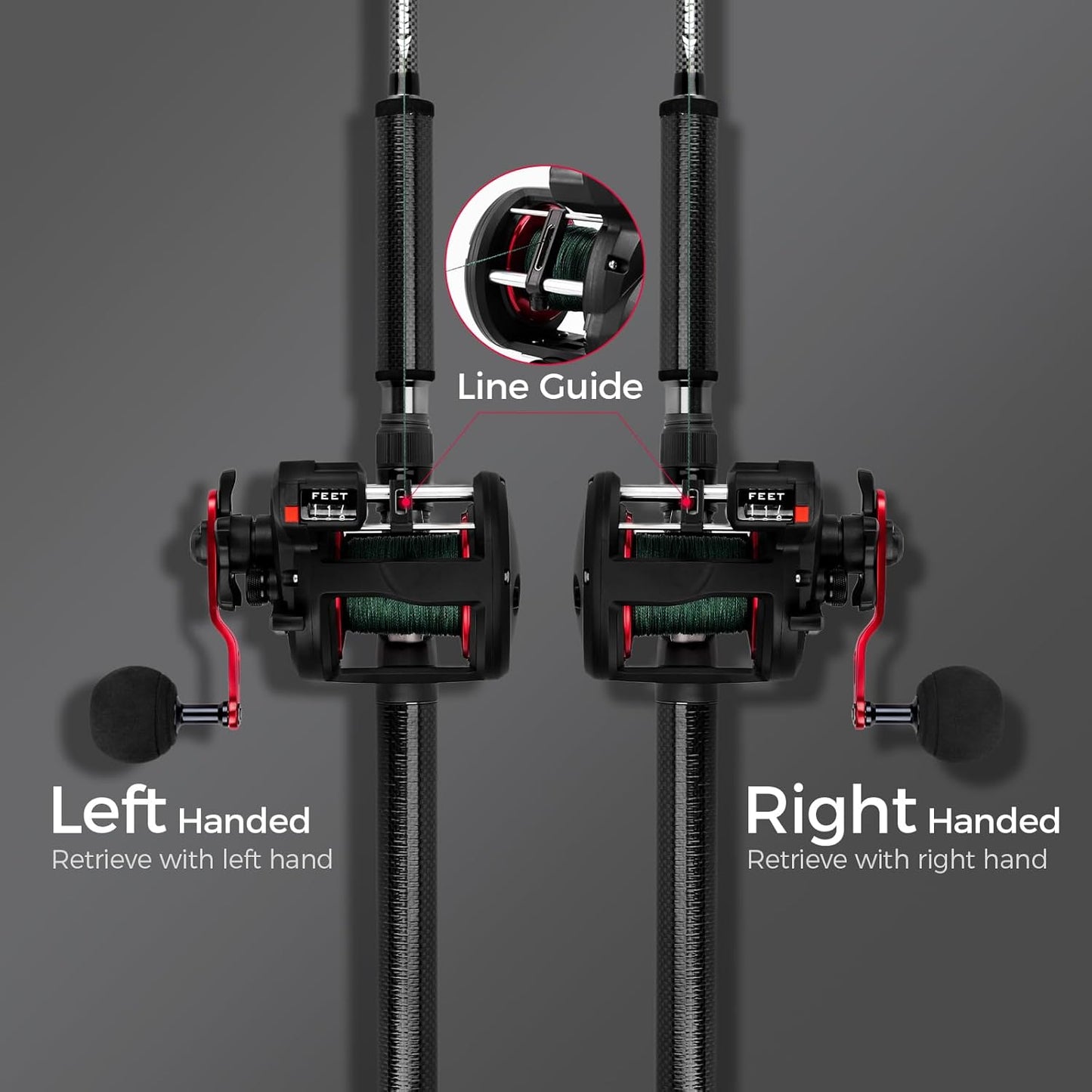 KastKing ReKon Line Counter Trolling Fishing Reel Round Baitcasting Reel Left Handed Size 30