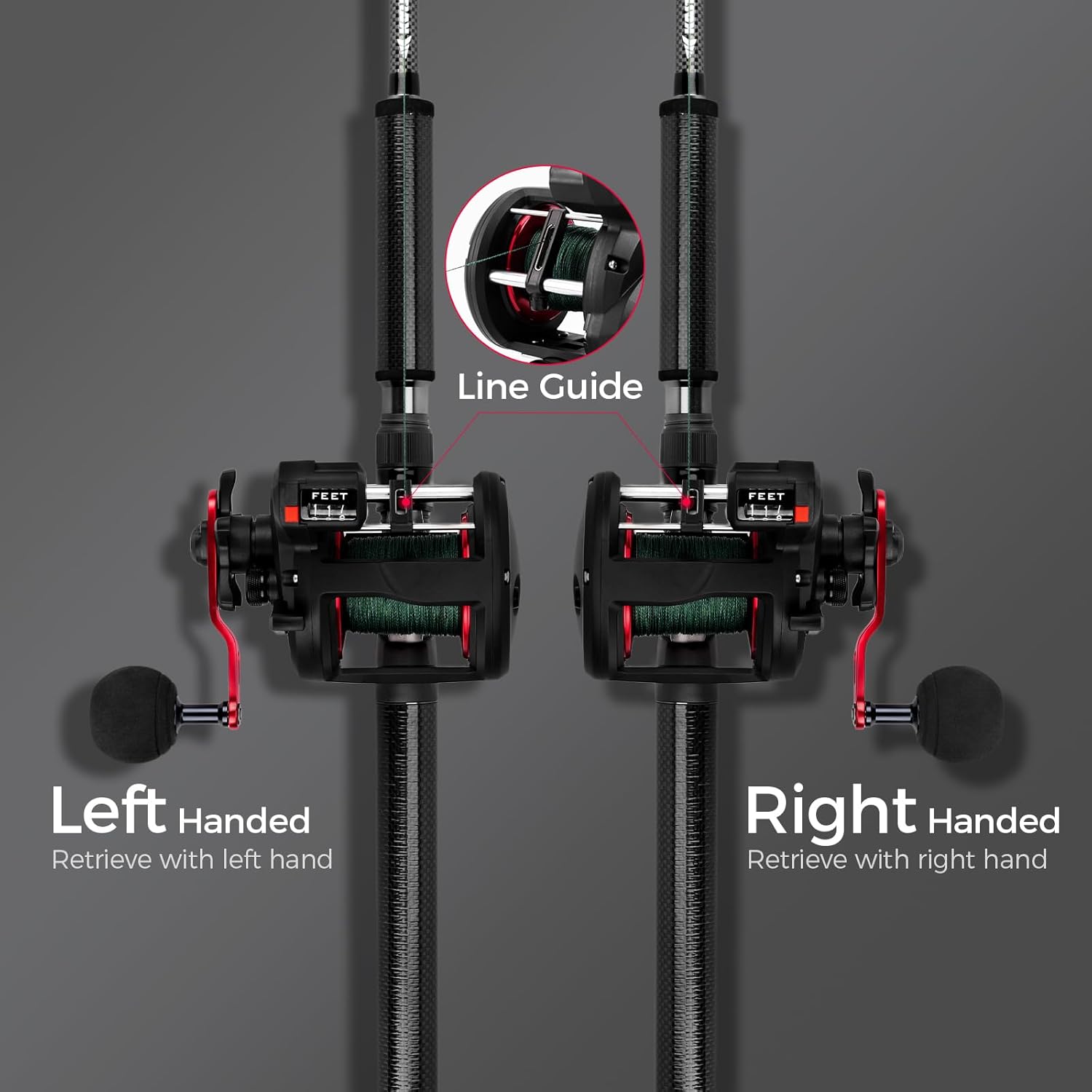 KastKing ReKon Line Counter Trolling Fishing Reel Round Baitcasting Reel Left Handed Size 30