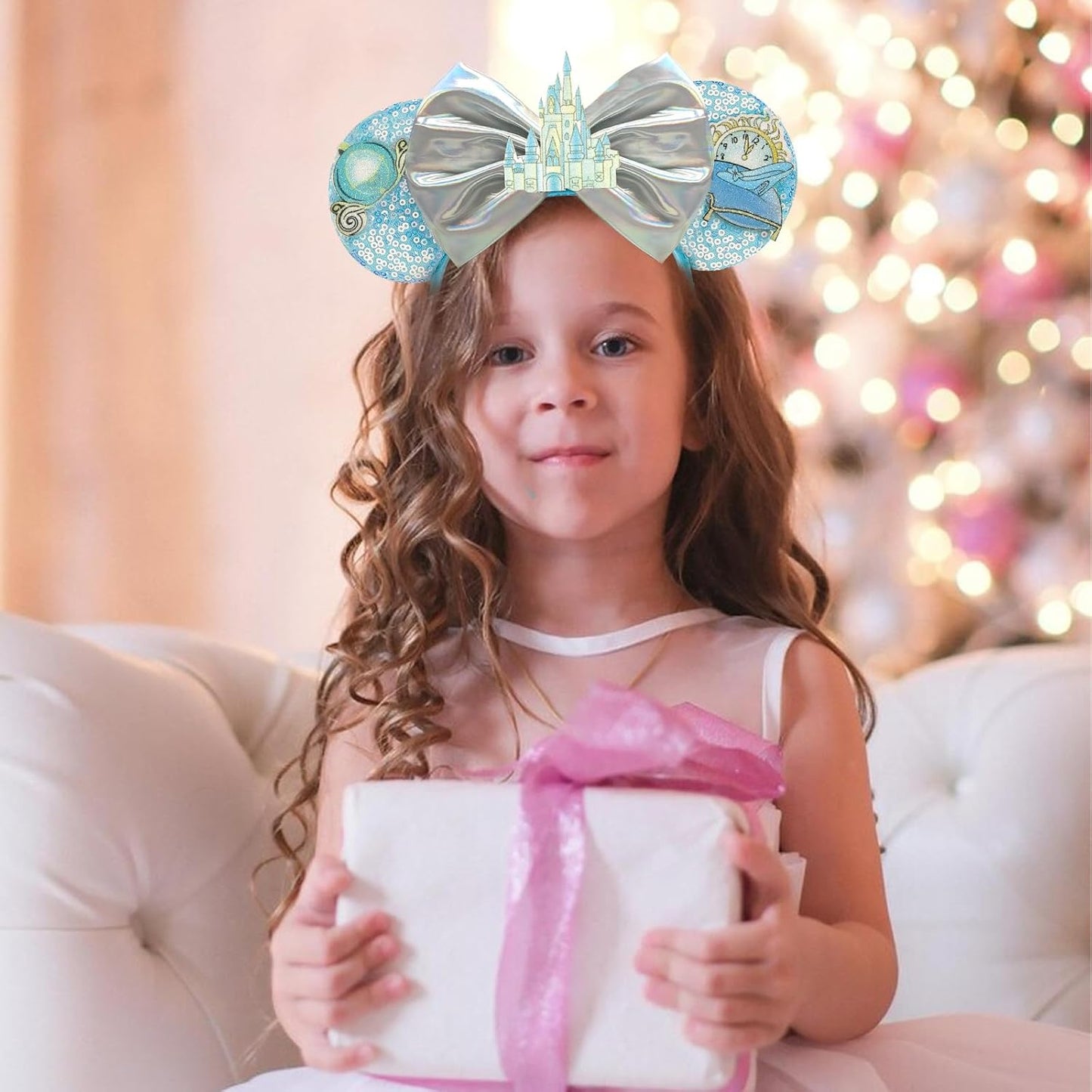 LYLIN Diadema con orejas de ratón, orejas de ratón azules con lazos de castillo para mujeres y niñas, accesorios para el cabello, orejas de parque, viajes, fiesta, cosplay, accesorios
