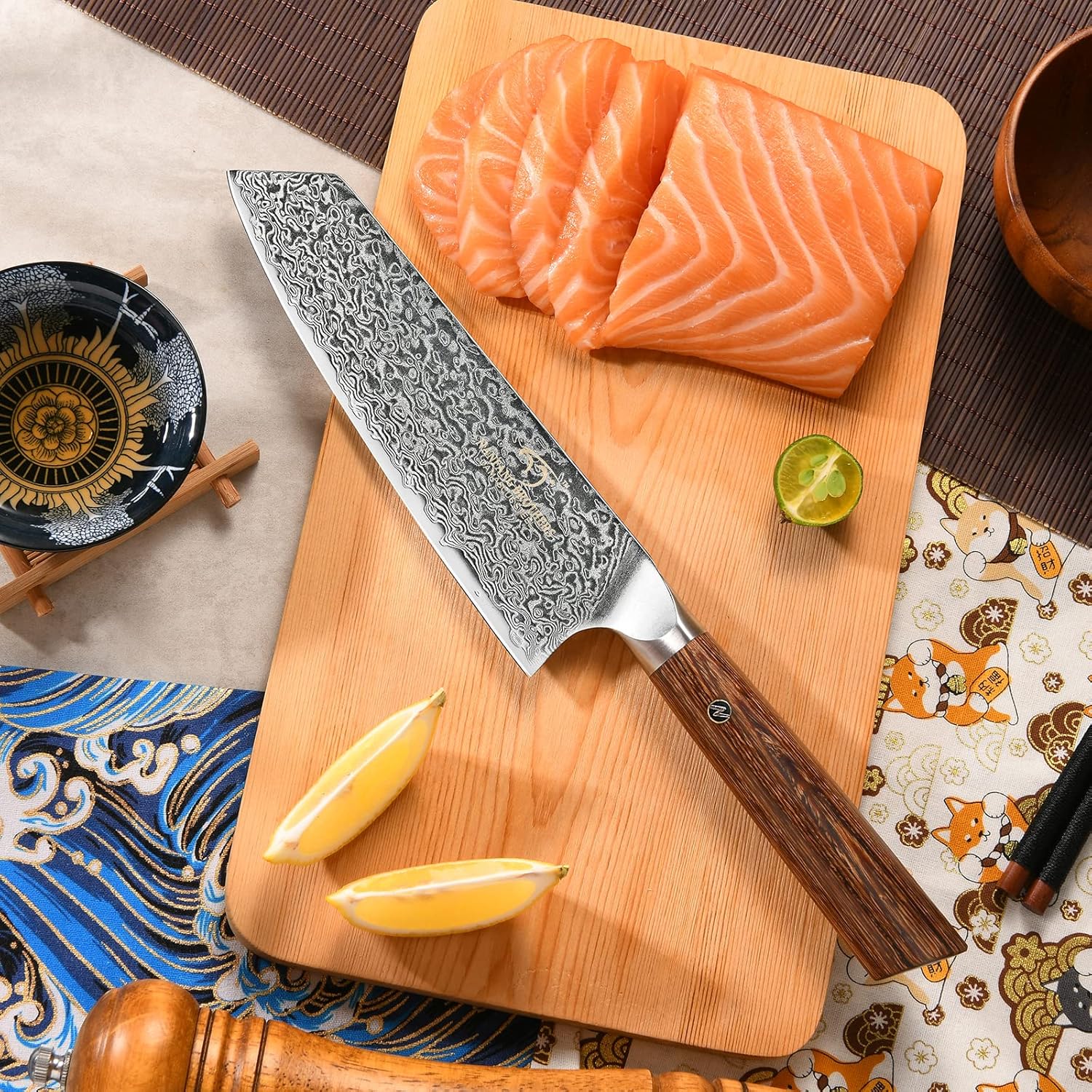 Santoku Knife, Gyuto Knife, Nanfang Brothers VG10+ Damascus, 67 Layers, Good Sharp, Multifunctional, Cooking Utensil, Meat, Vegetables, and Fruits, For Home Use, Commercial Use, (Wood Handle) Santoku Knife, 6.9 inches (175 mm)