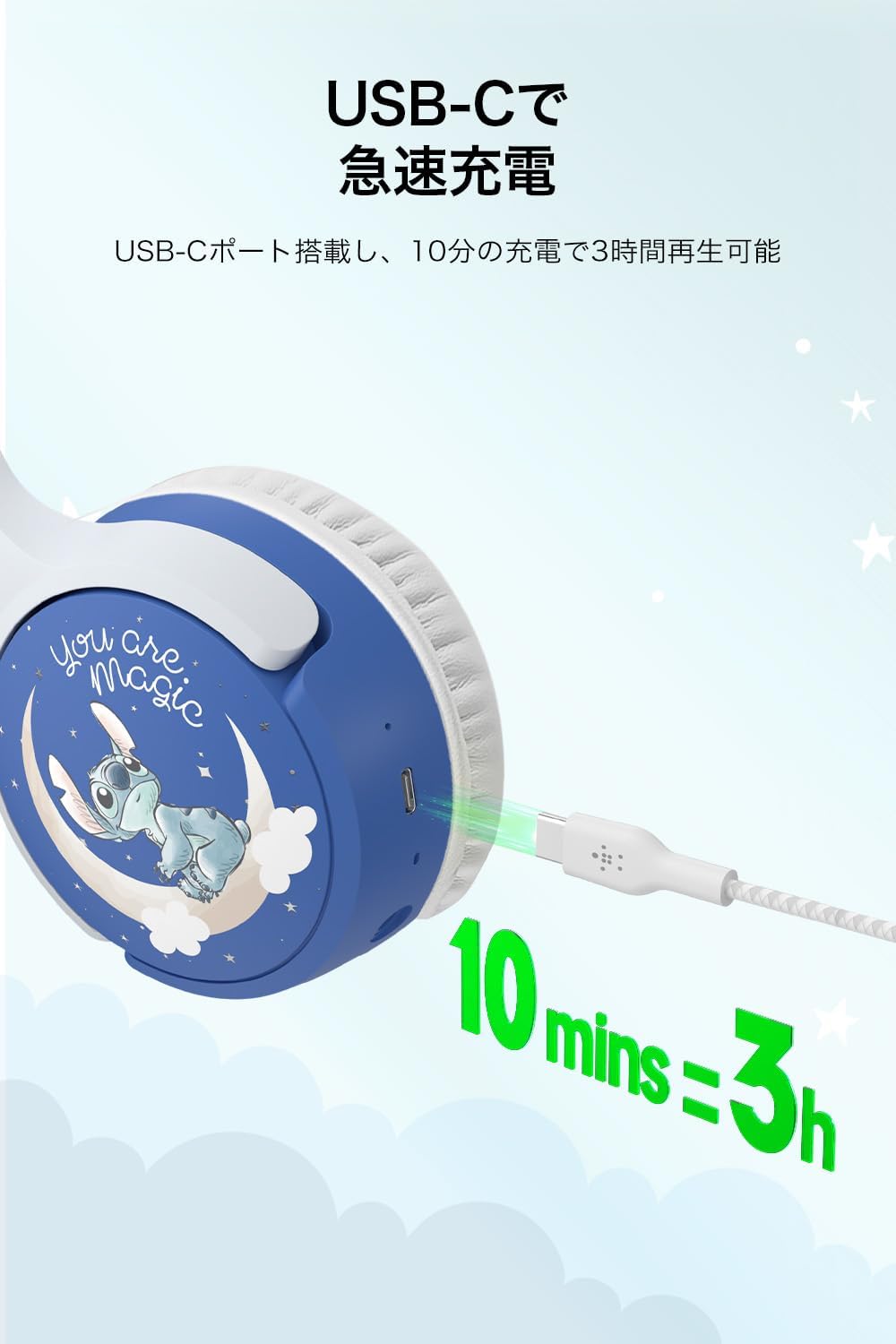 【Disney Stitch】Belkin Kids Wireless Headphones Headset with Call Microphone Volume Limit Function Voice Chat with Microphone Up to 30 Hours Continuous Playback Bluetooth 5.0 Waterproof Compatible with