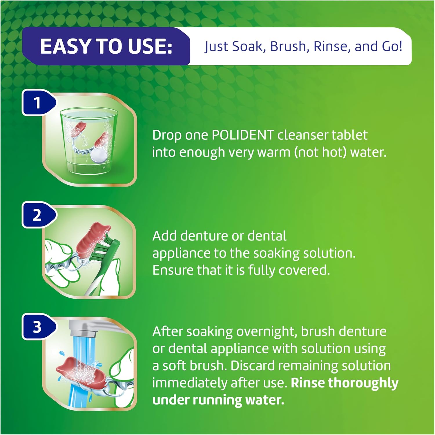 Polident Blanqueamiento nocturno antibacteriano, limpiador para aparatos dentales en tabletas, 60 unidades