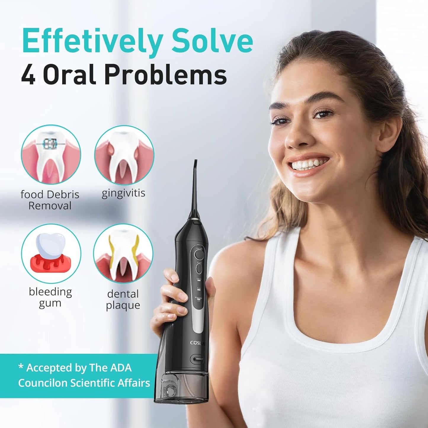 COSLUS ADA Accepted Water Dental Flosser Teeth Pick C20: Portable Cordless Oral Irrigator 300ML Rechargeable Travel Irrigation Cleaner IPX7 Waterproof Electric Flossing Machine, Professional Set Black