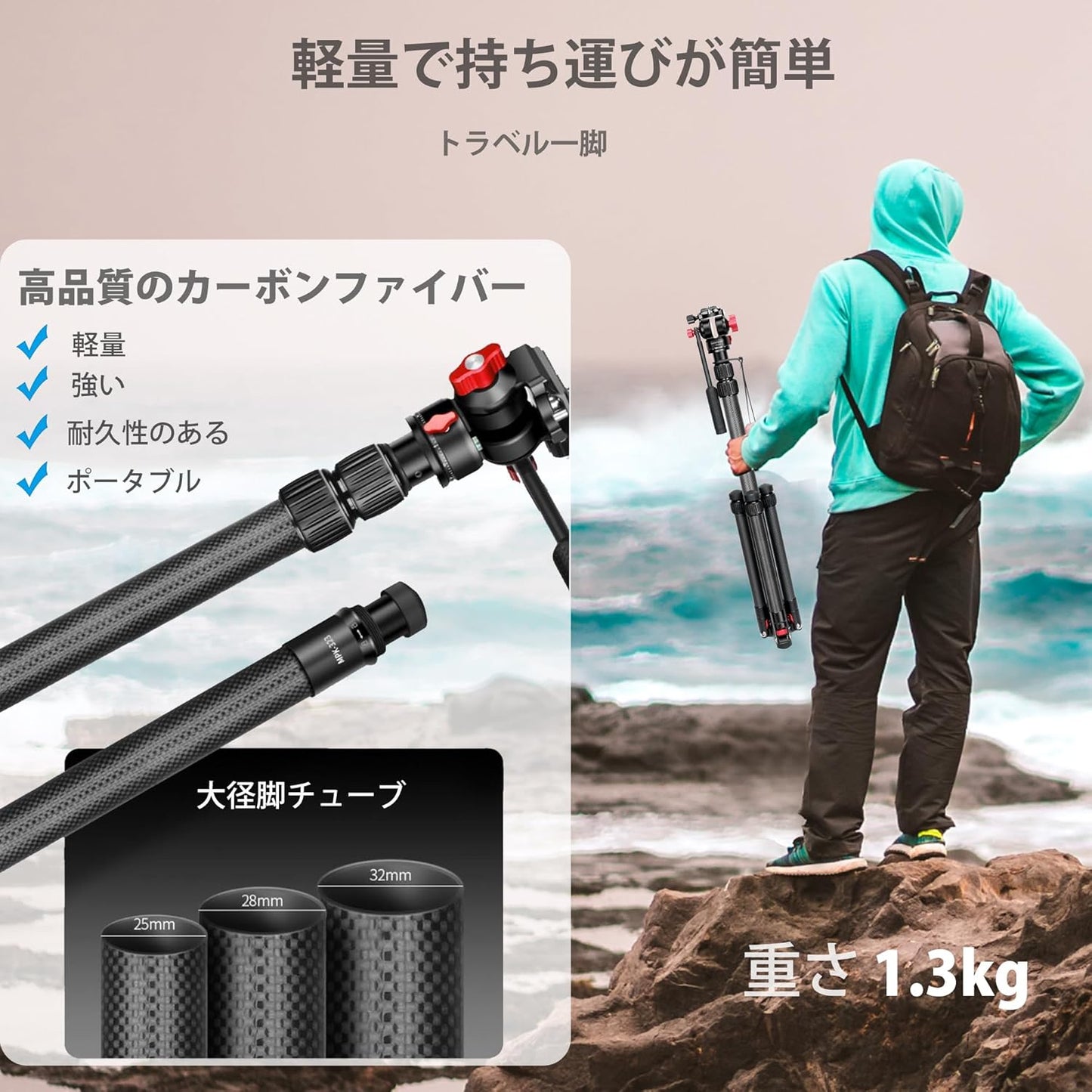 Koolehaoda Camera Tripod Carbon Fiber Monopod Lightweight 3 Level Telescopic Height 185cm Detachable Tripod Base with Video Head Max Load Capacity 15kg for DSLR/Canon/Nikon/Sony Camcorders
