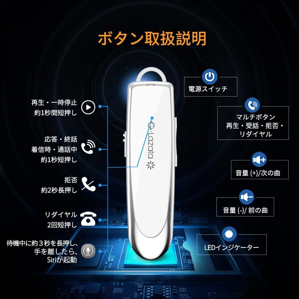 Glazata Japanese Voice Headset, Bluetooth 5.1, Single Earphones, Equipped with Qualcomm Smart Chip 3020, Long Lasting, 20 Hours of Calling, Built-in Microphone, Hands-free Calling, Japanese Technical