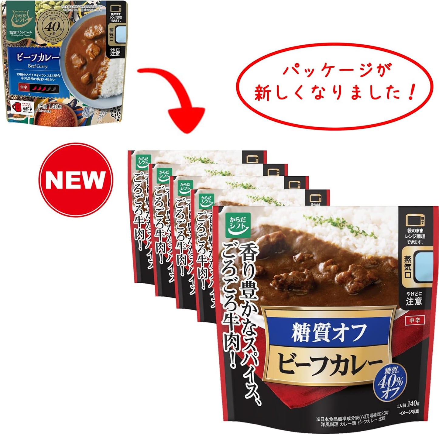 Karada Shift Carbohydrate Control Beef Curry (1 Serving 140g x 5 Pack) 40% Less Sugar (Microwave-Safe Pouch/Time-Saving Cooking) For Single Living Individuals (Uses 19 Types of Spices) Low Sugar