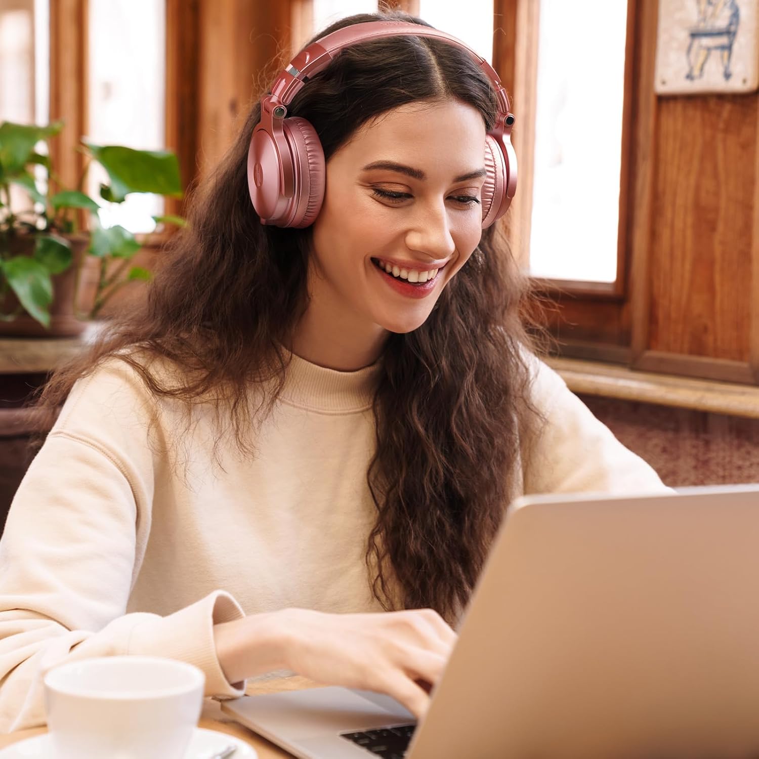 OneOdio Wireless Headphones, Up to 110 Hours of Continuous Playback, Bluetooth Headphones, Heavy Bass, Wired Hi-Res, Multi-Point Support, Built-in Microphone, Hands-Free Calling, Pro C, Rose Gold