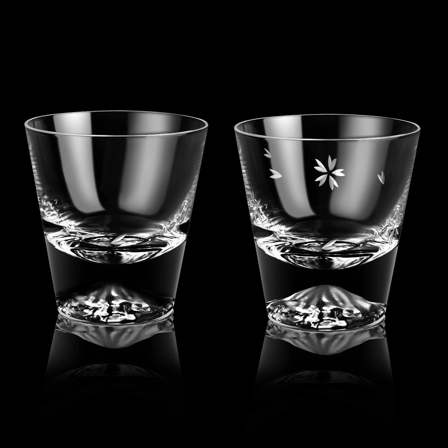 Mt. Fuji Glass Sakura Cut Rock Glass Pair Set Premium Artisan Handcrafted Kiri Box Japan Sake Beer Whiskey Glass Stylish Celebration Wedding Anniversary Retirement Gift Present Popular 270cc (2-Piece