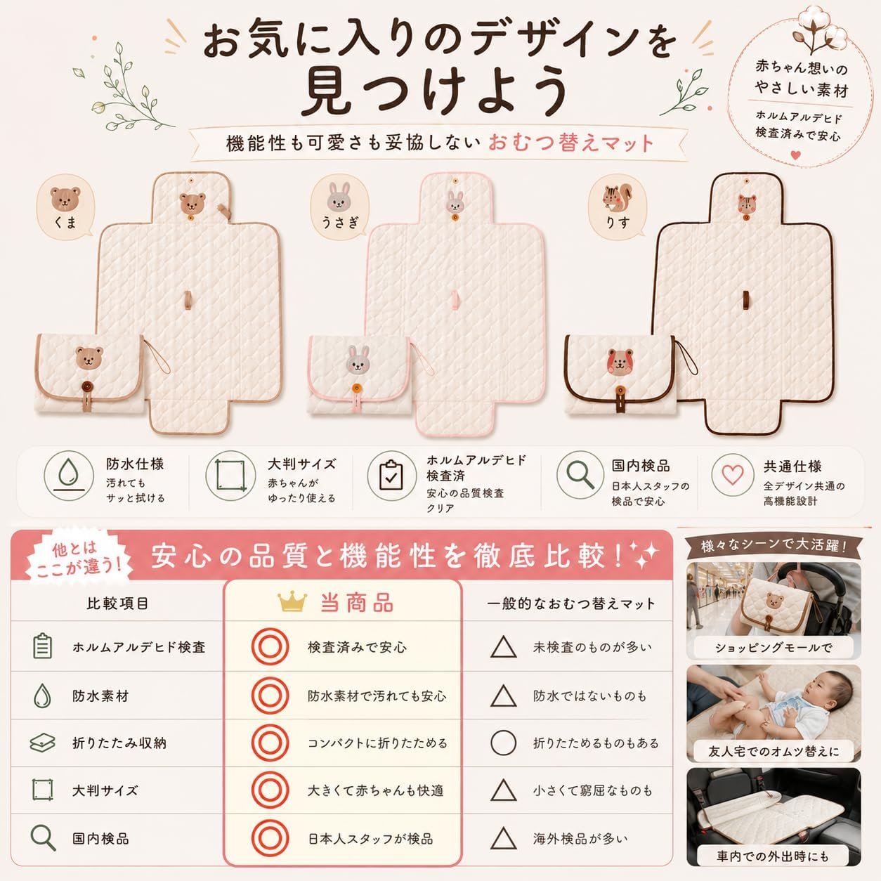 Diaper Changing Mat, Diaper Changing Sheet, Waterproof, Cotton, Gentle on Baby's Skin, Portable, Compact, Foldable, Cute (Off-White Squirrel), One Size Fits Most