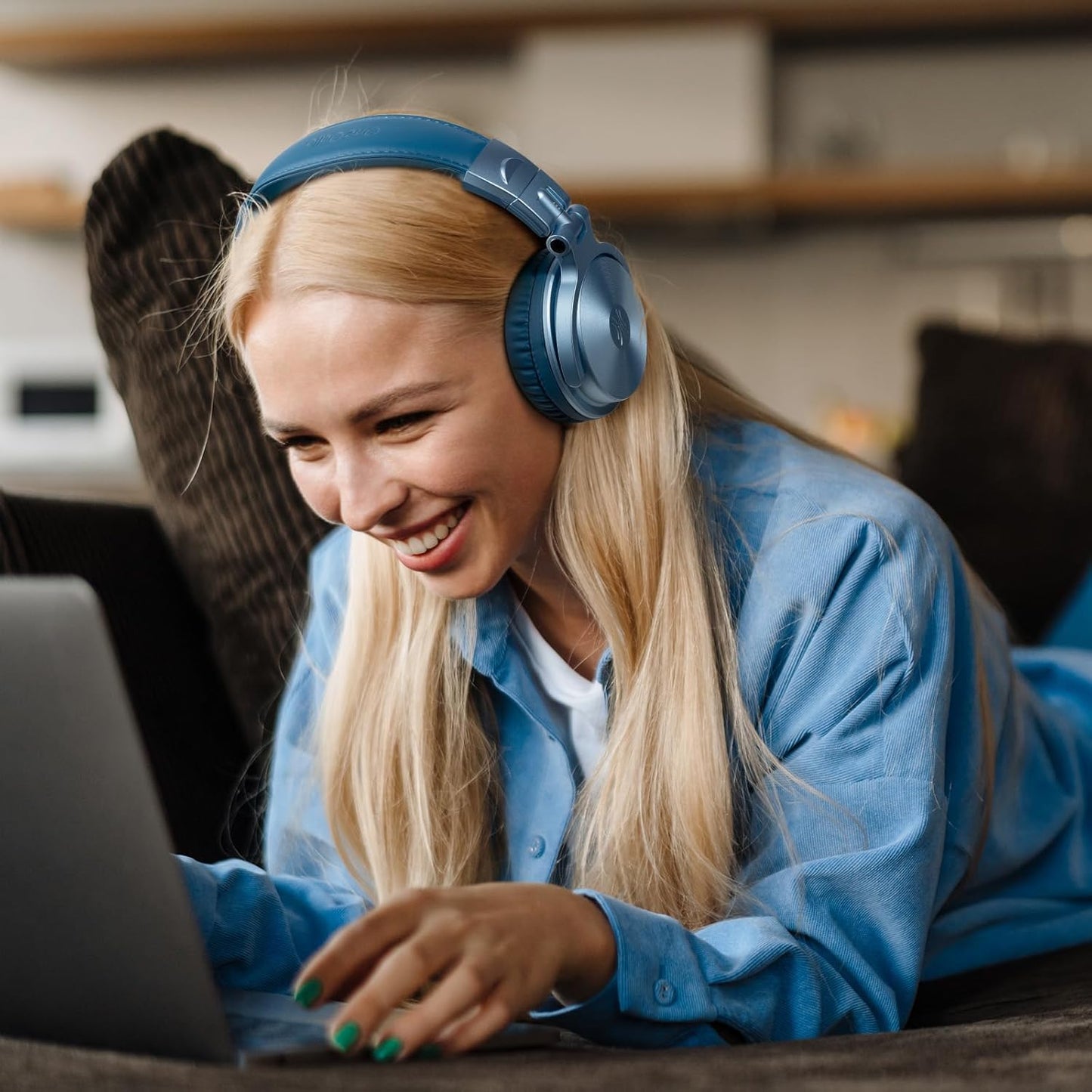 OneOdio Wireless Headphones, Up to 110 Hours of Continuous Playback, Bluetooth Headphones, Heavy Bass, Wired Hi-Res, Multi-Point Support, Built-in Microphone, Hands-Free Calling, Pro C, Blue