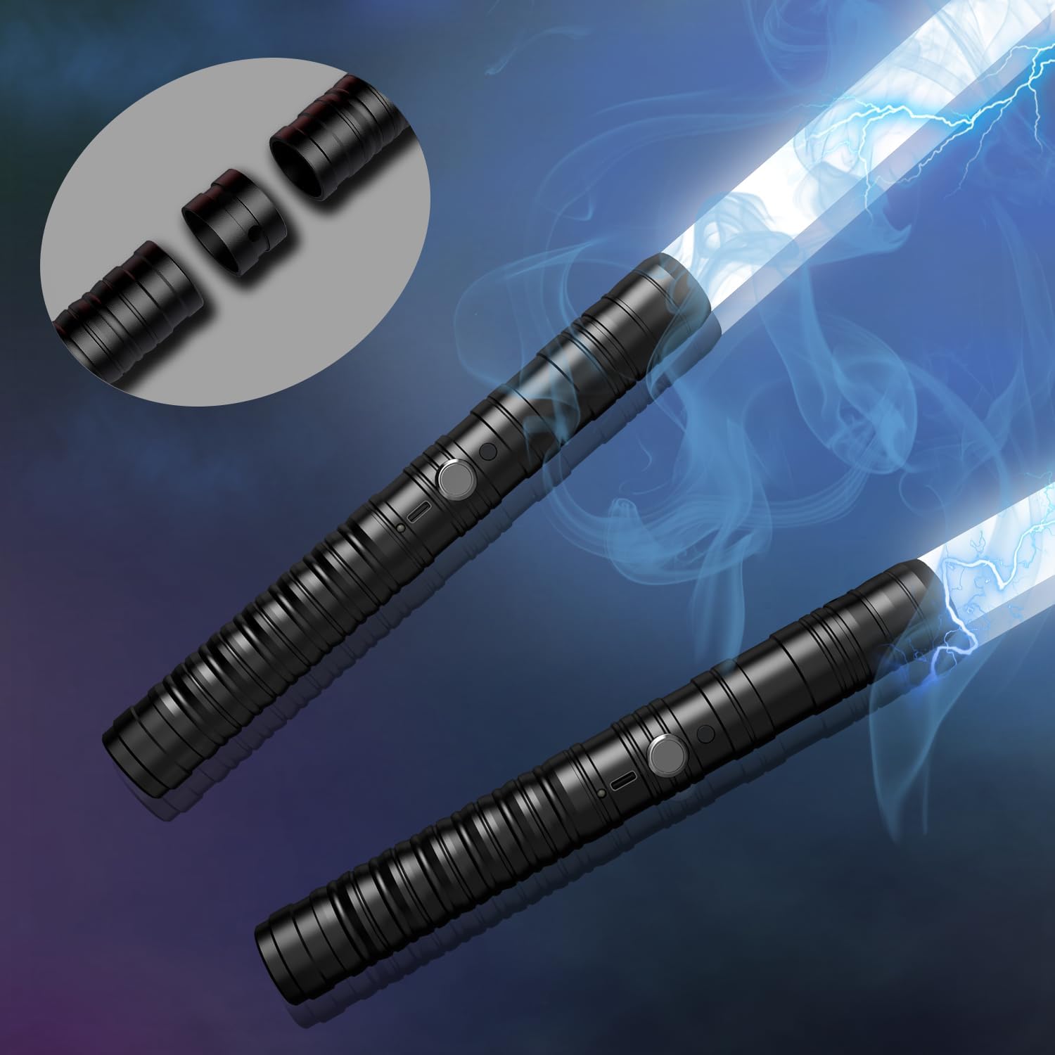 Oueyes Sables de luz con empuñadura de metal para duelo, sables de luz RGB de 16 colores, sonido FX, hoja doble, espada recargable para niños y adultos, regalo para cumpleaños, Acción de Gracias