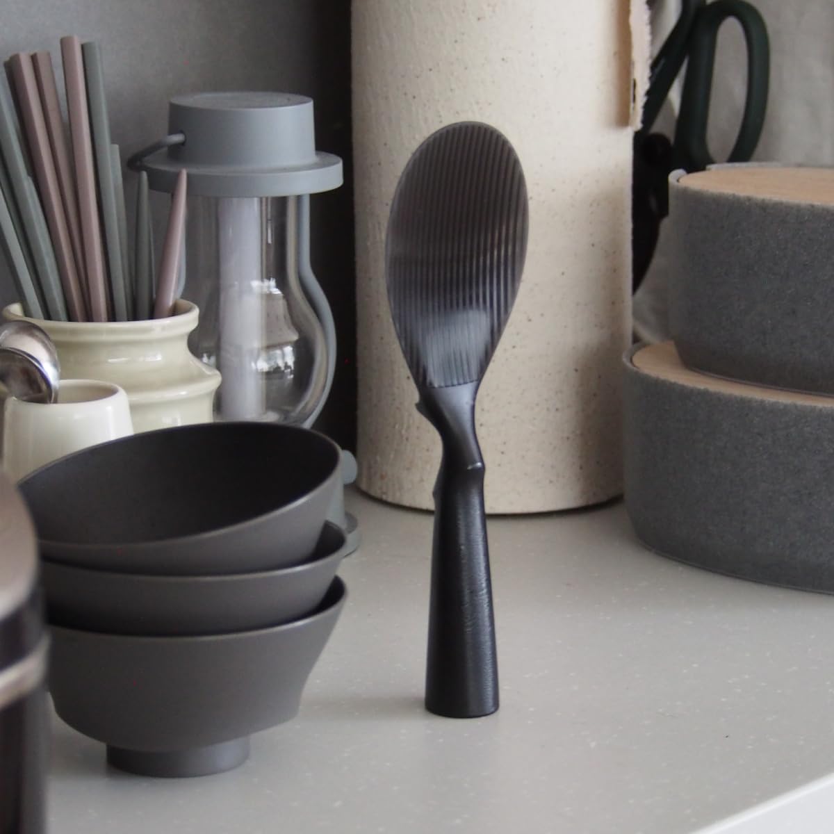104lab. Standing Rice Spoon, Made in Japan, Ishikawa Prefecture, Made in Our Own Factory, Dishwasher-Safe, Ladle, Stylish, Cute, Ladle, Vertical Line, Freestanding, Hygienic, Black, Black, Rice, Rice