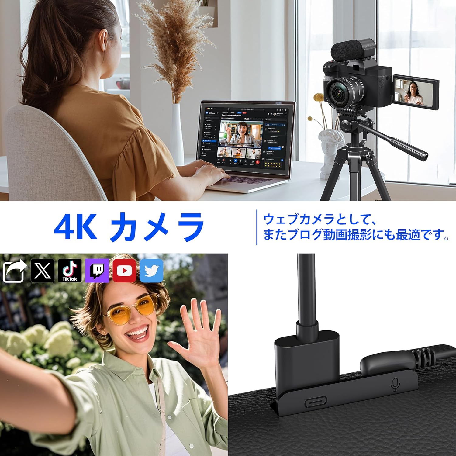 Fsjun Mirrorless SLR Camera 4K Ultra HD 48MP Wide Angle Lens, All-in-One Vlogging Camera with 3'' 180° Flip Screen and Digital Zoom