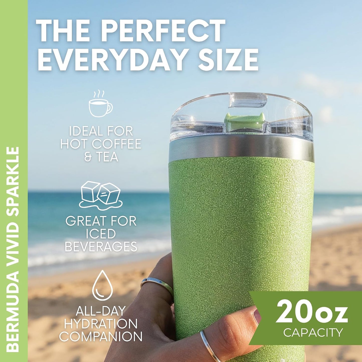MyBevi Bermuda Vivid Sparkle - Vaso de acero inoxidable aislado con tapa, doble pared sellada al vacío, taza de viaje apta para soportes de automóvil, 20 onzas, verde menta