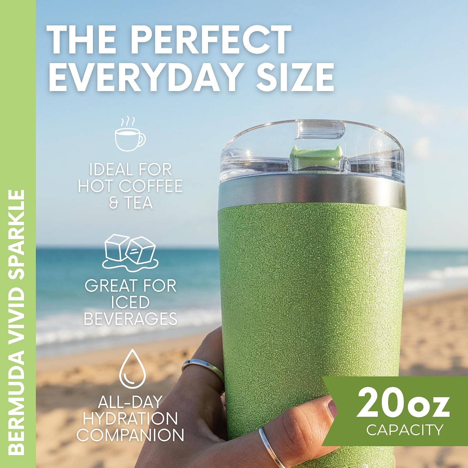 MyBevi Bermuda Vivid Sparkle - Vaso de acero inoxidable aislado con tapa, doble pared sellada al vacío, taza de viaje apta para soportes de automóvil, 20 onzas, verde menta