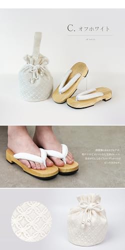 Amemari Shiraki Clogs, Drawstring Bag Set, 2-Piece Set, Women's, White Wood, Yukata Clothing, Hakama Clothing, Setup, Yukata, Painless, Ultra Soft Nose, Yukata Bag, Embroidery, Lace, Japanese, Western