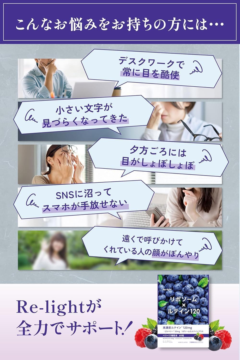 【たっぷりベリー11種配合】 Re-light ルテイン 3600mg リポソーム サプリメント サプリ 目 ブルーベリー ビルベリー 高濃度 高吸収 60粒 30~60日分 GMP認定工場 国内製造 栄養機能食品 2個セット