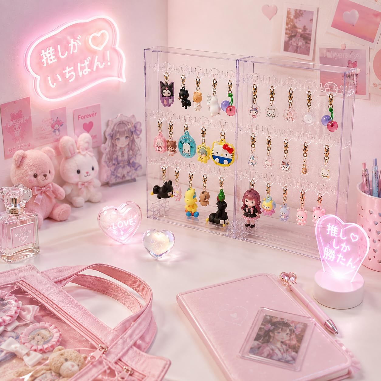 alldeblue Key Holder Storage with Markings Charm, Acrylic Case, Acrylic Key Holder, Compatible with Gacha, Side-by-Side Drawers, 2 Tiers, W 9.8 x D 6.7 x H 7.1 inches (25 x 17 x 18 cm), Push Motion