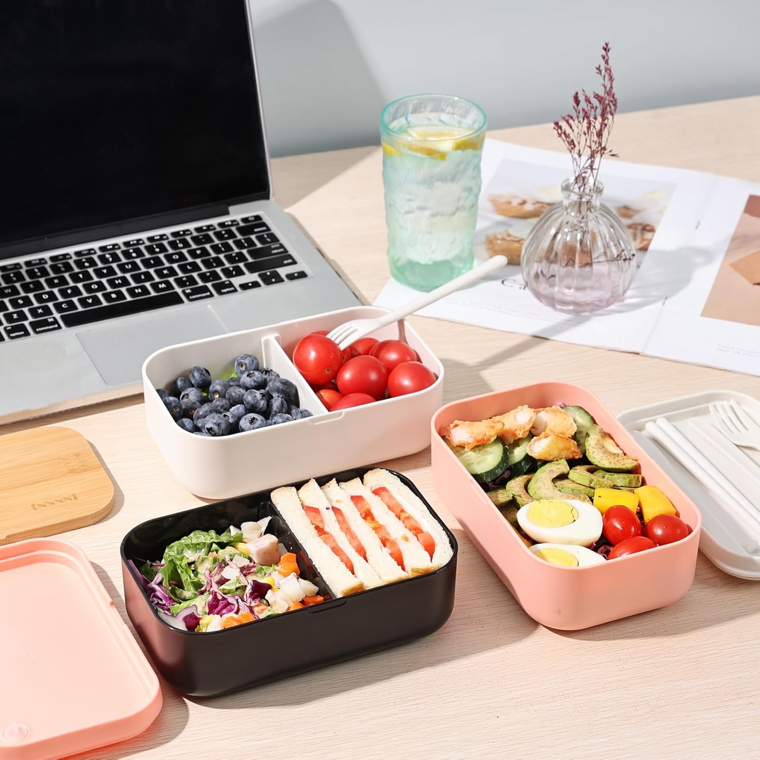 Premium Bento Box for Men 1000ml Lunch Box Large Capacity Salad Black Bamboo Valve Seal Adjustable Dividers Dishwasher Microwave Safe 1 Tier 5 Colors Simple Stylish Easy