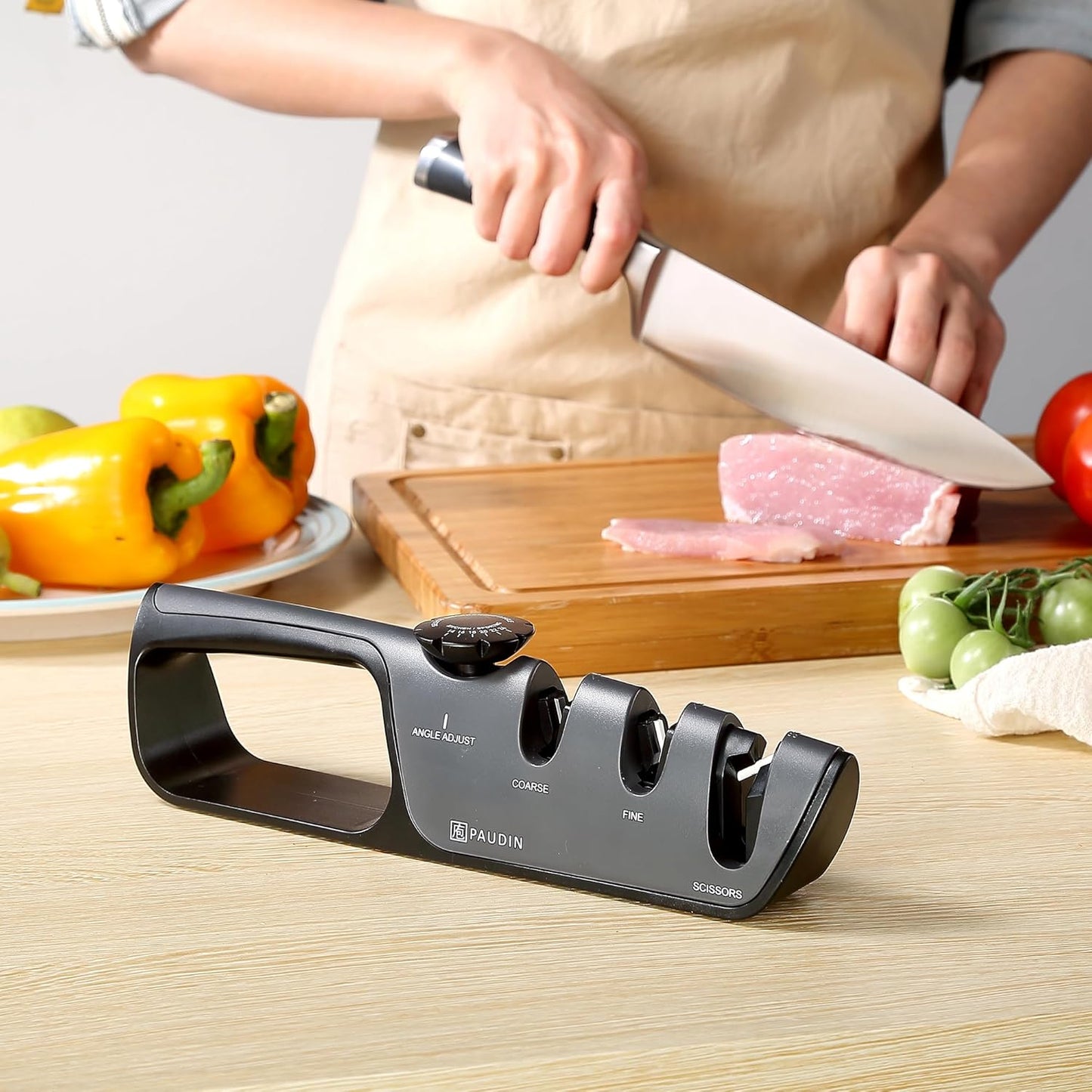 PAUDIN Santoku Knife, 6.7 inches (170 mm), Sheath Included, Stainless Steel, Good Cut + Knife Sharpener Manual, 3 Levels, No Sharpening Stone, Compatible with Knives, Scissors, Knives