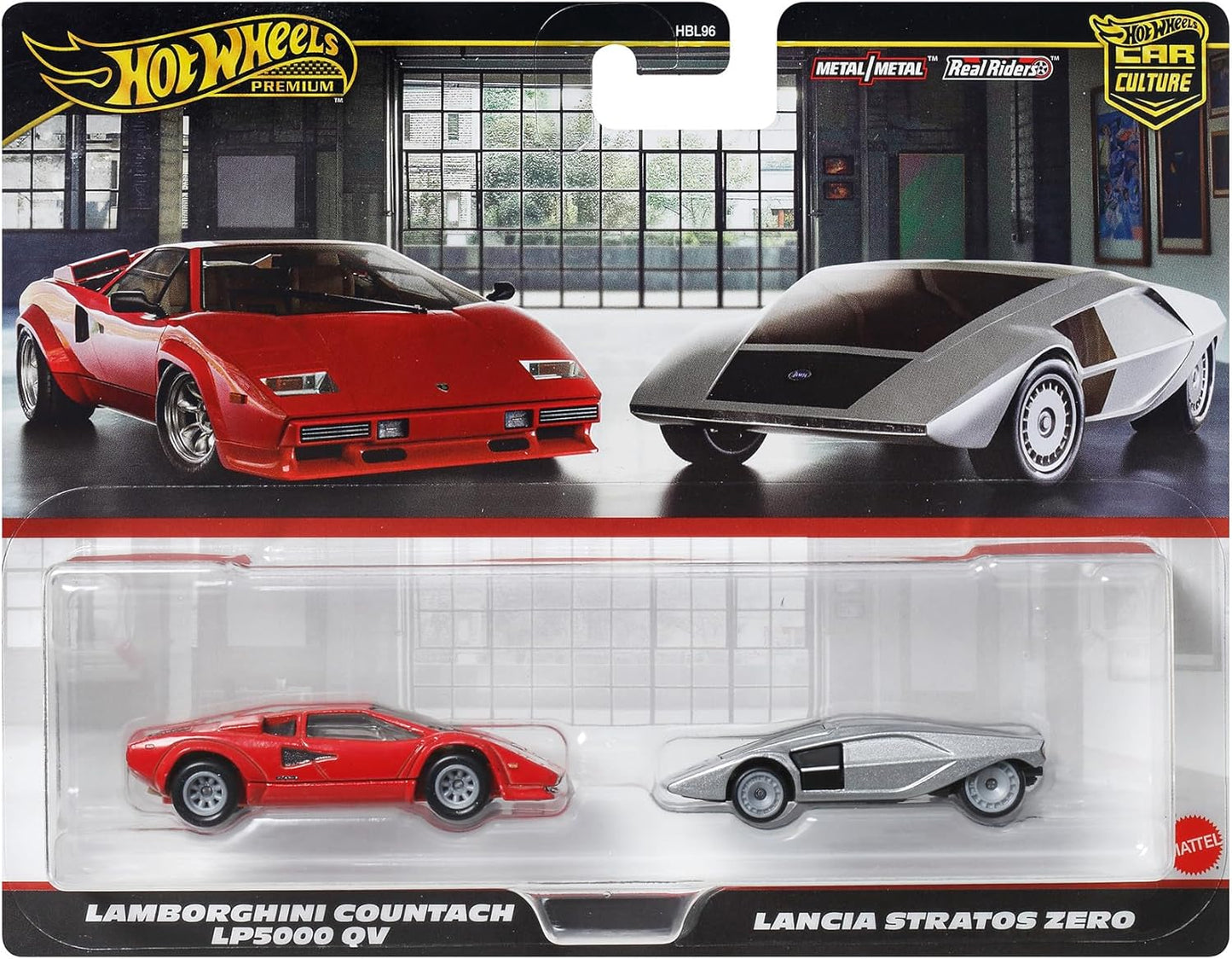 Hot Wheels Premium 2-Pack Lamborghini Countach LP5000 QV/Lancia Stratos Zero Toy Vehicle Mini Car, Ages 3 and Up, Multi JBL02