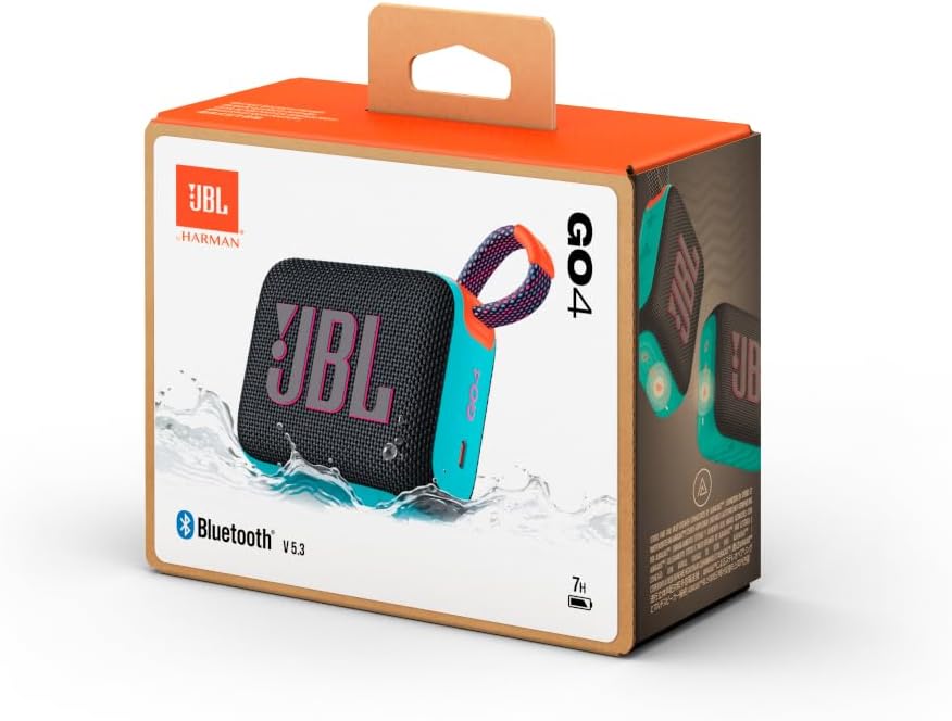 JBL Go 4 Portable Bluetooth Speaker, USB-C Charging, IP67 Dustproof and Waterproof, App Compatible, Passive Radiator, Funky Black (JBLGO4BLKO)