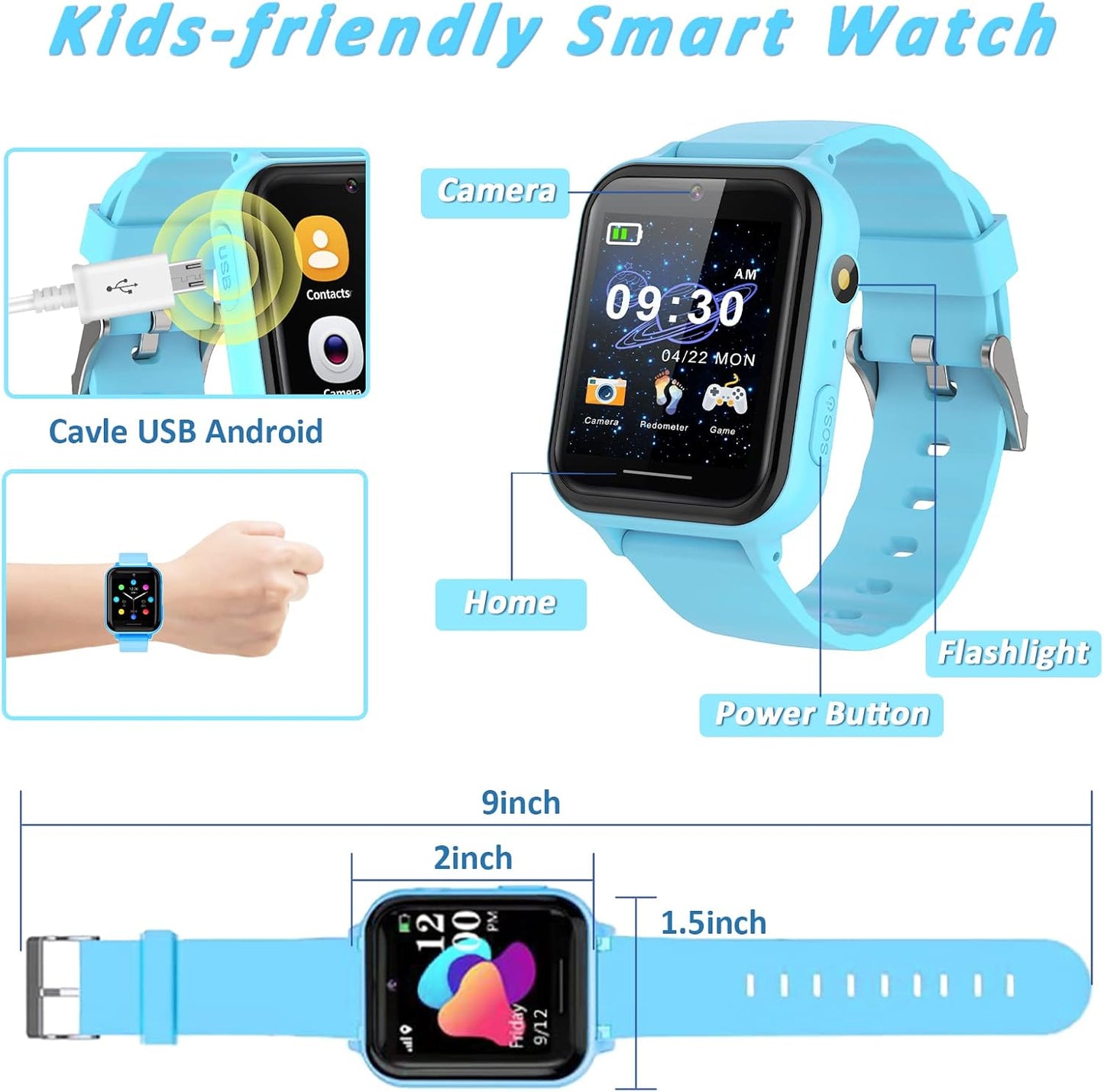 AYATAHA® Kids Wristwatch, Smart Watch, for Kids, Selfie Camera, Photo, Games, Music Playback, Cute Alarm Clock, Alarm, Pedometer, Calories, Recording, Children's Day, Kindergarten, School Entrance