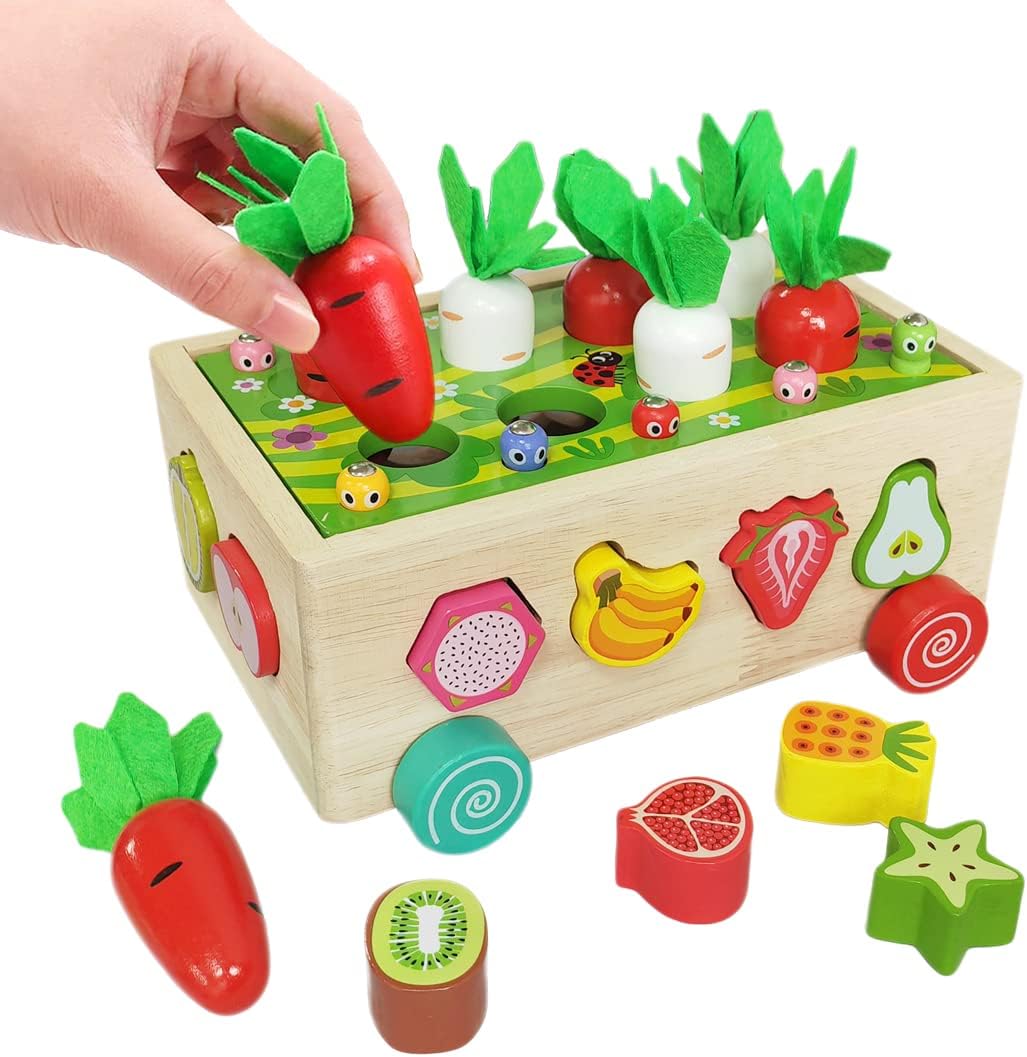 Mokusou-sha Montessori Educational Toy, Shape Matching Wooden Toy, Fruit Recognition, Shape Insertion, Farm Carrot Pulling, Magnetic Bug Catching Game, Early Development, Fingertip Training, Birthday