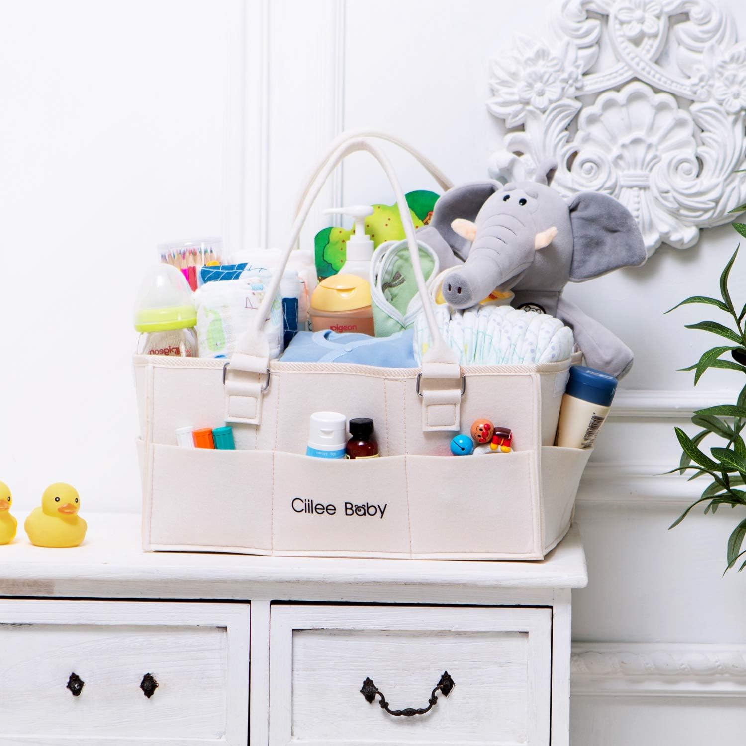 Ciilee Baby Diaper Stocker, Diaper Bag, Large Capacity, Removable Handle, Diaper Case, Foldable, Baby Storage Box, Basket, Car Travel Bag, Storage Caddy, Small Bag, Light Convenient, Baby Supplies, Nursery Supplies Storage (3 Compartments (Beige)
