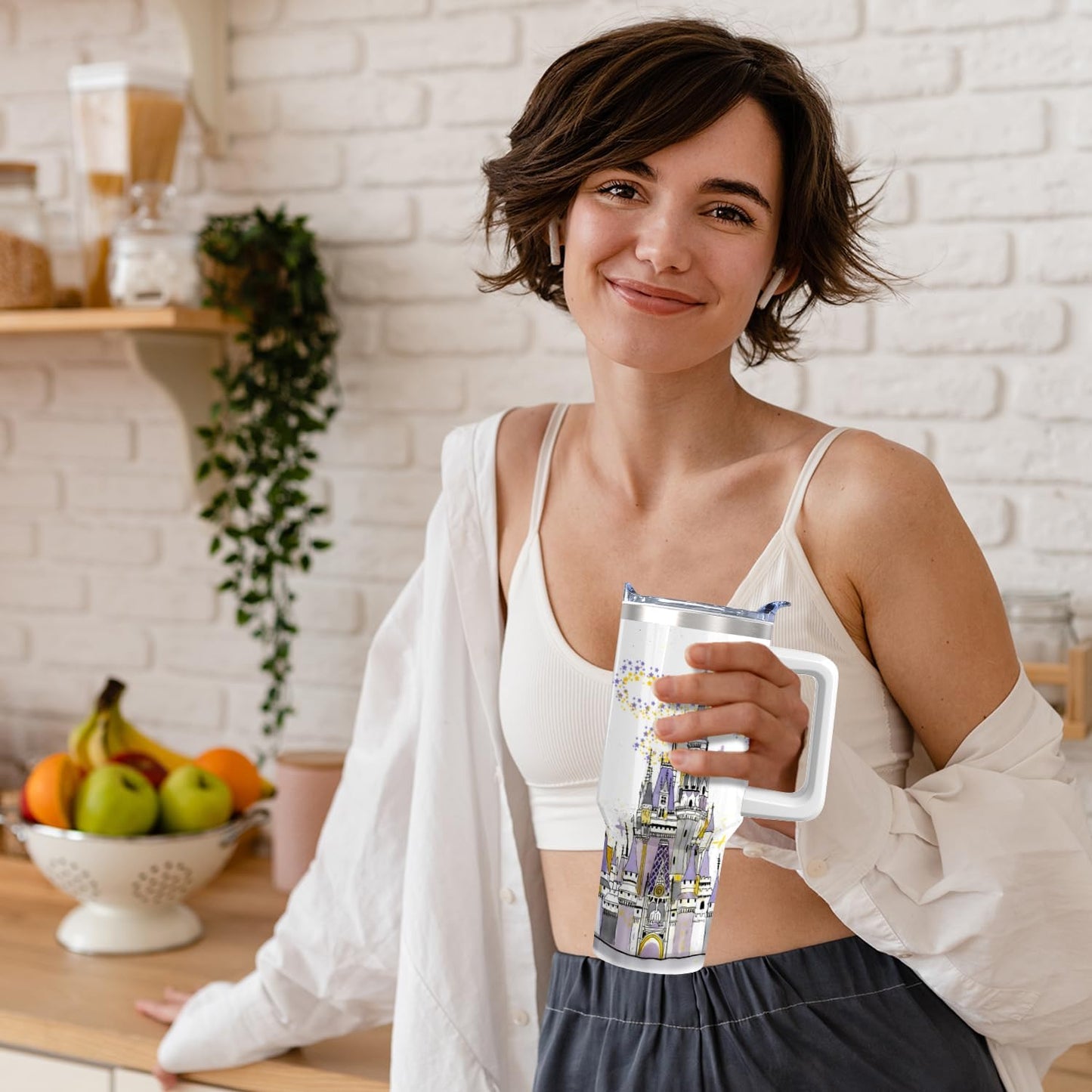 Vaso de acero inoxidable de 30 onzas con asa, tapa y pajita, taza aislada con lazo de estrella para regalos y viajes de mujer
