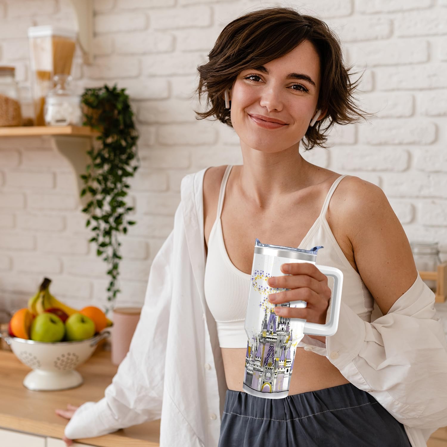 Vaso de acero inoxidable de 30 onzas con asa, tapa y pajita, taza aislada con lazo de estrella para regalos y viajes de mujer