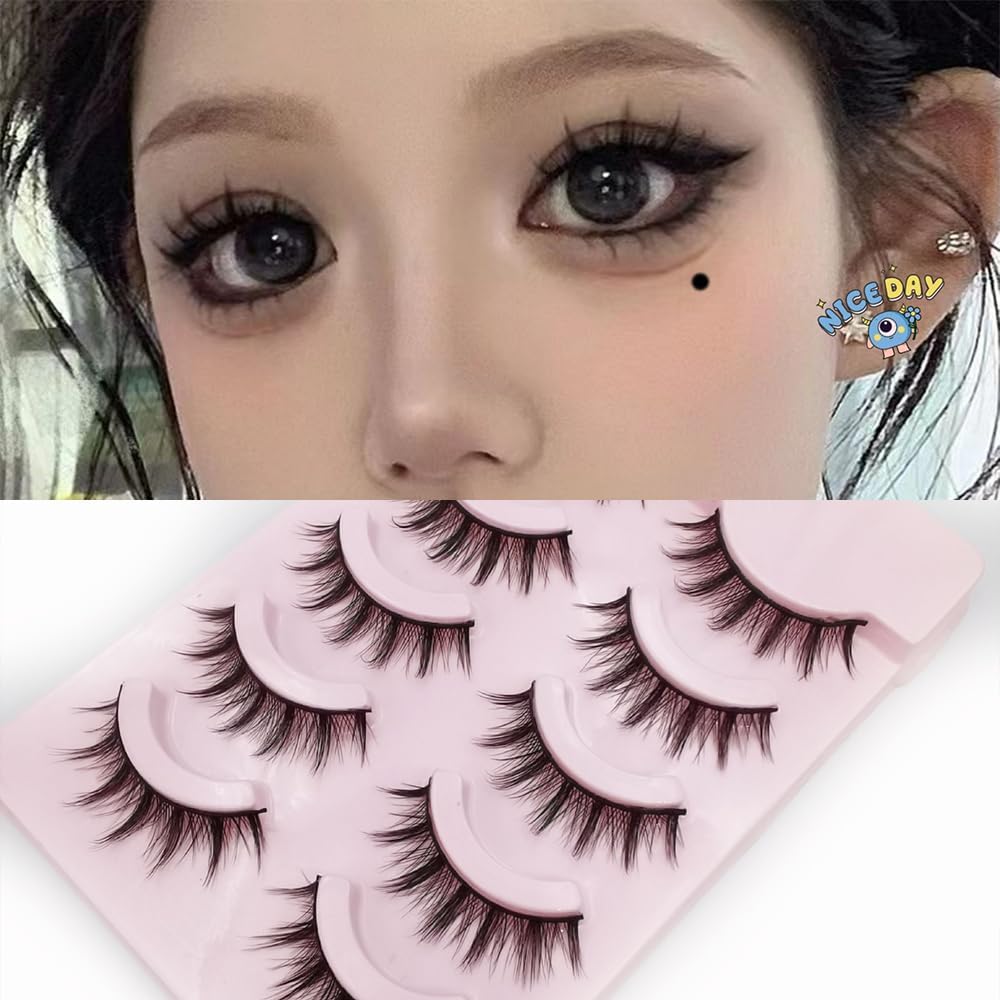 False Eyelashes, 5 Pairs for Upper Eyelashes, Natural Bunch Lashes, Black Natural Core, Soft Core, Handmade, Reusable, Easy for Beginners (KL39)