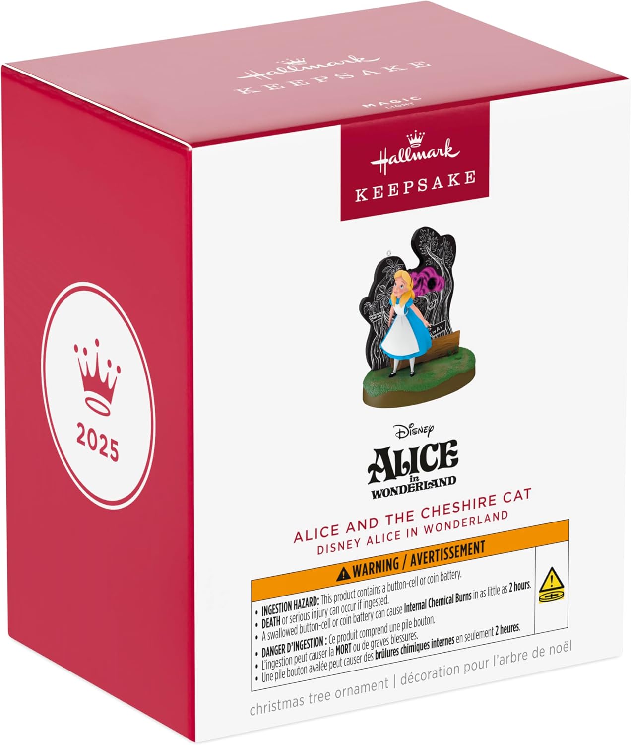 Hallmark Keepsake Adorno navideño de Disney, Alicia en el país de las maravillas y el gato de Cheshire con luz, regalos para los fanáticos de Disney