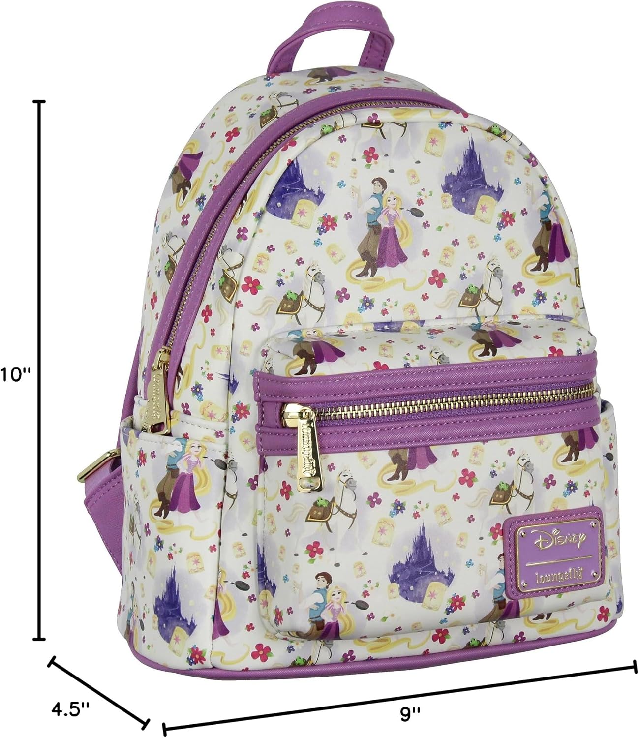 Loungefly Disney Tangled Rapunzel Flynn Ryder y Maximus - Mochila pequeña con estampado completo