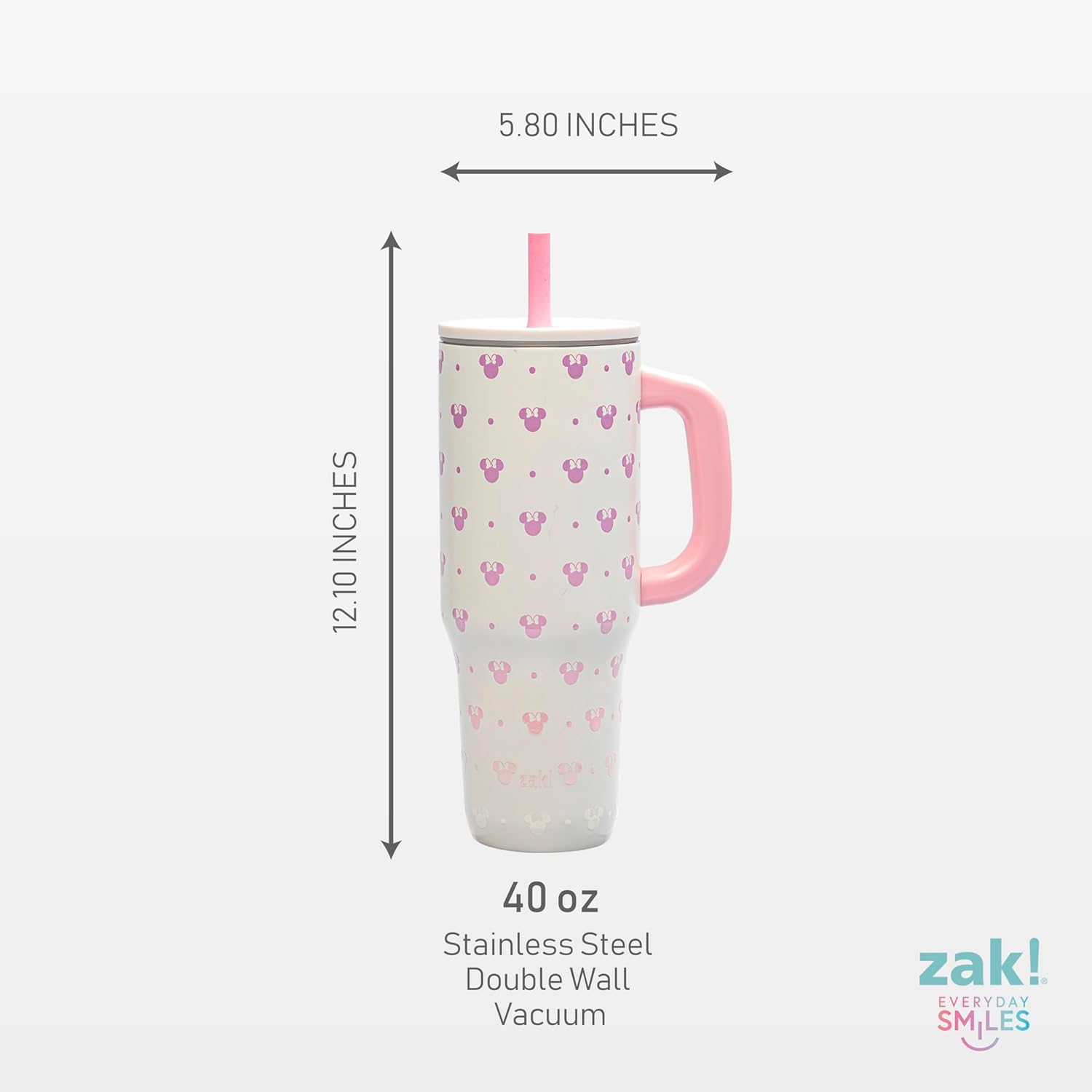 Zak Designs Disney Sutton - Vaso de viaje para llevar o en casa, acero inoxidable de 40 onzas con aislamiento al vacío, popote de silicona, asa de transporte y obras de arte 3D para bebidas frías (Minnie Mouse)