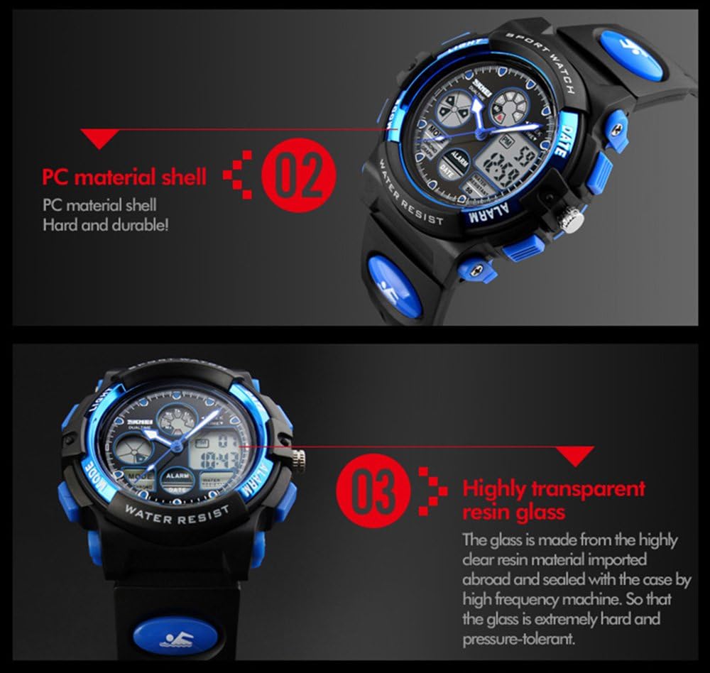 fngeen KidsスポーツウォッチLEDライトアナログデジタル防水アラームWatch for Boys ブラック