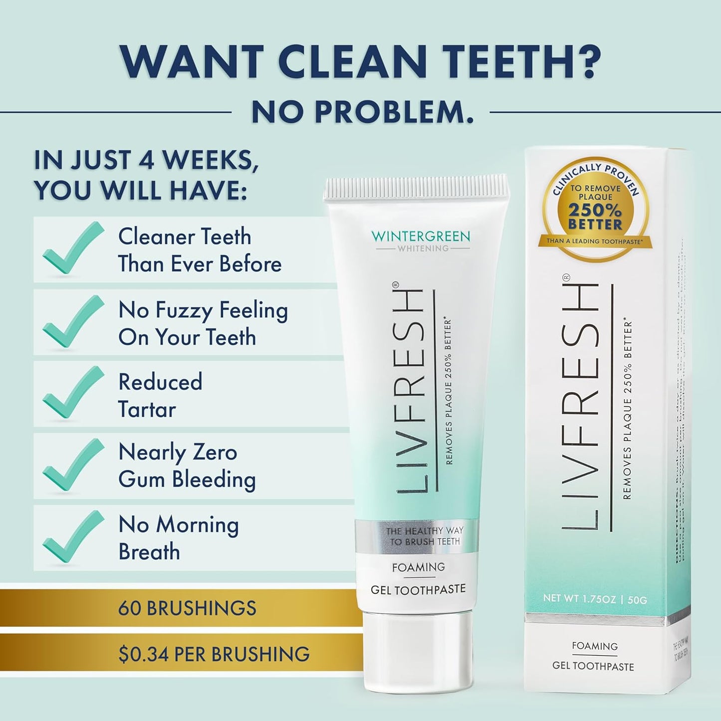 LivFresh Gel de pasta de dientes, clínicamente probado para eliminar la placa un 250% mejor, mejora la salud de las encías un 190% mejor, previene y reduce el sarro, refresca el aliento, gel dental