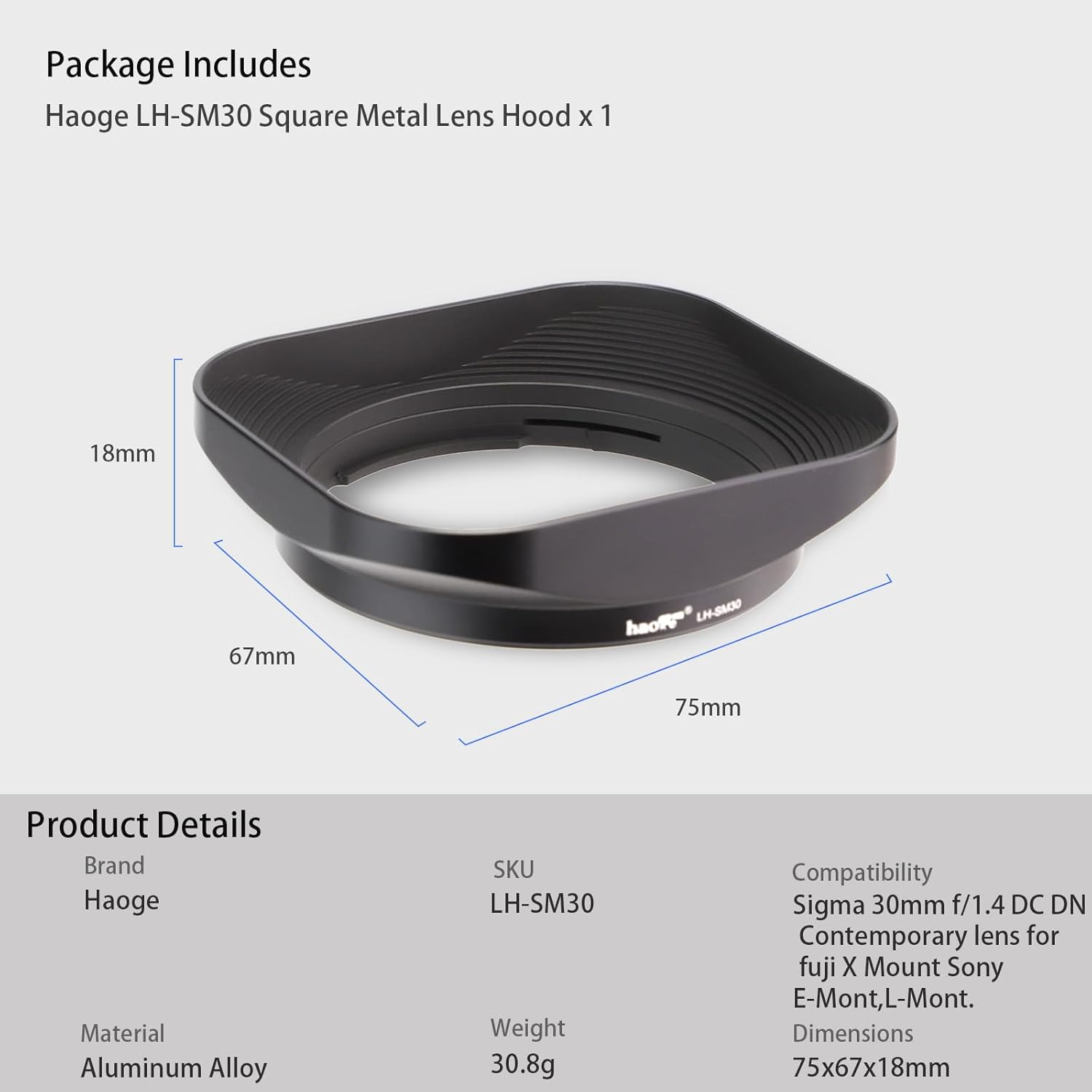 Haoge Bayonet Square Metal Lens Hood for Sigma 30mm F1.4 DC DN Lens LH-SM30