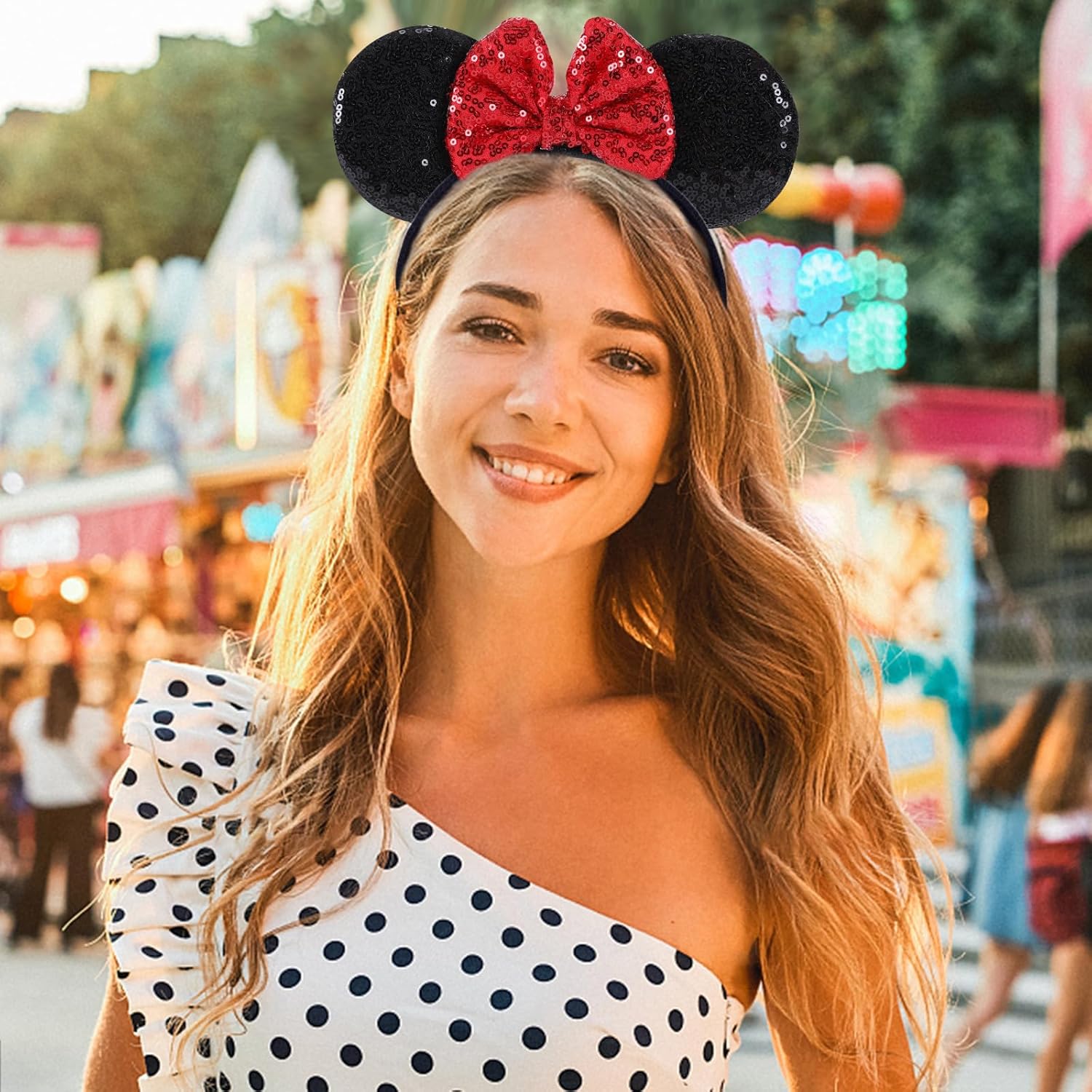 2 piezas de diademas con orejas de ratón y lentejuelas rojas, diademas con arcos brillantes, una adición perfecta a tus accesorios esenciales de viaje para mujeres, niñas, decoración de