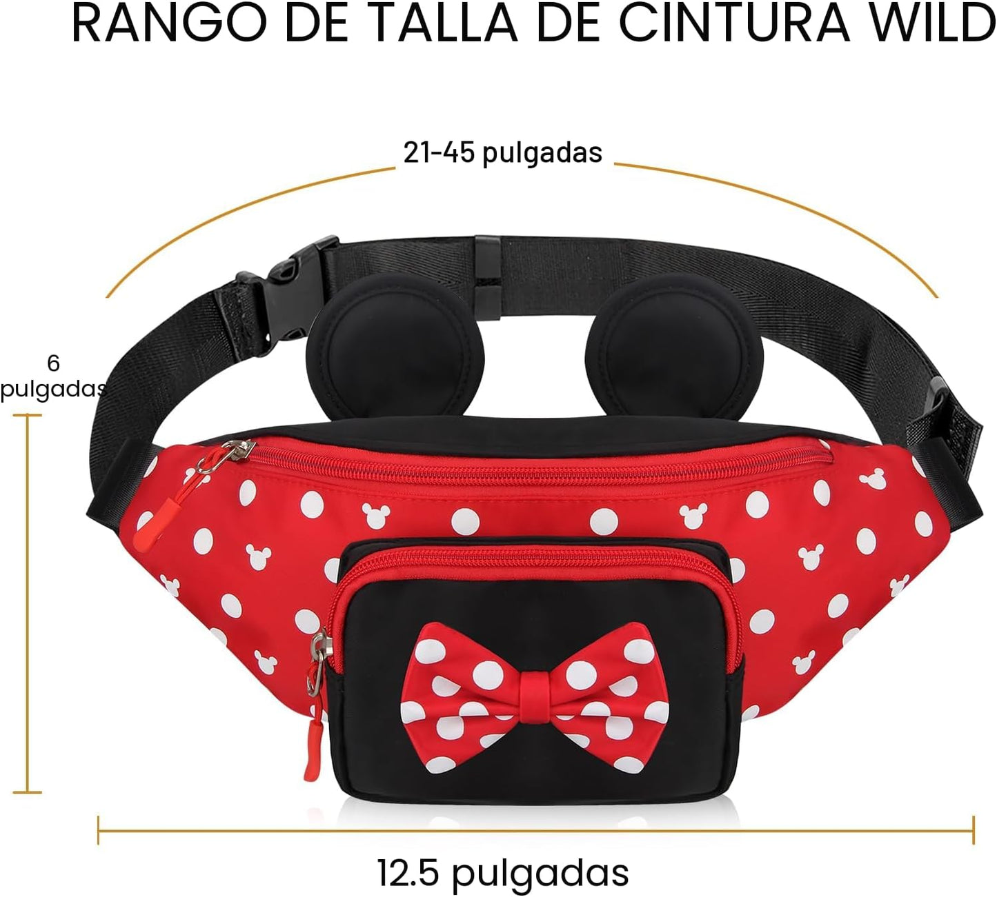 Riñonera linda para viajes, para mujeres, adolescentes y niñas, mini riñonera de ratón, cangurera de dibujos animados, para senderismo, bolsa de cintura al aire libre con orejas de ratón, Rojo, L