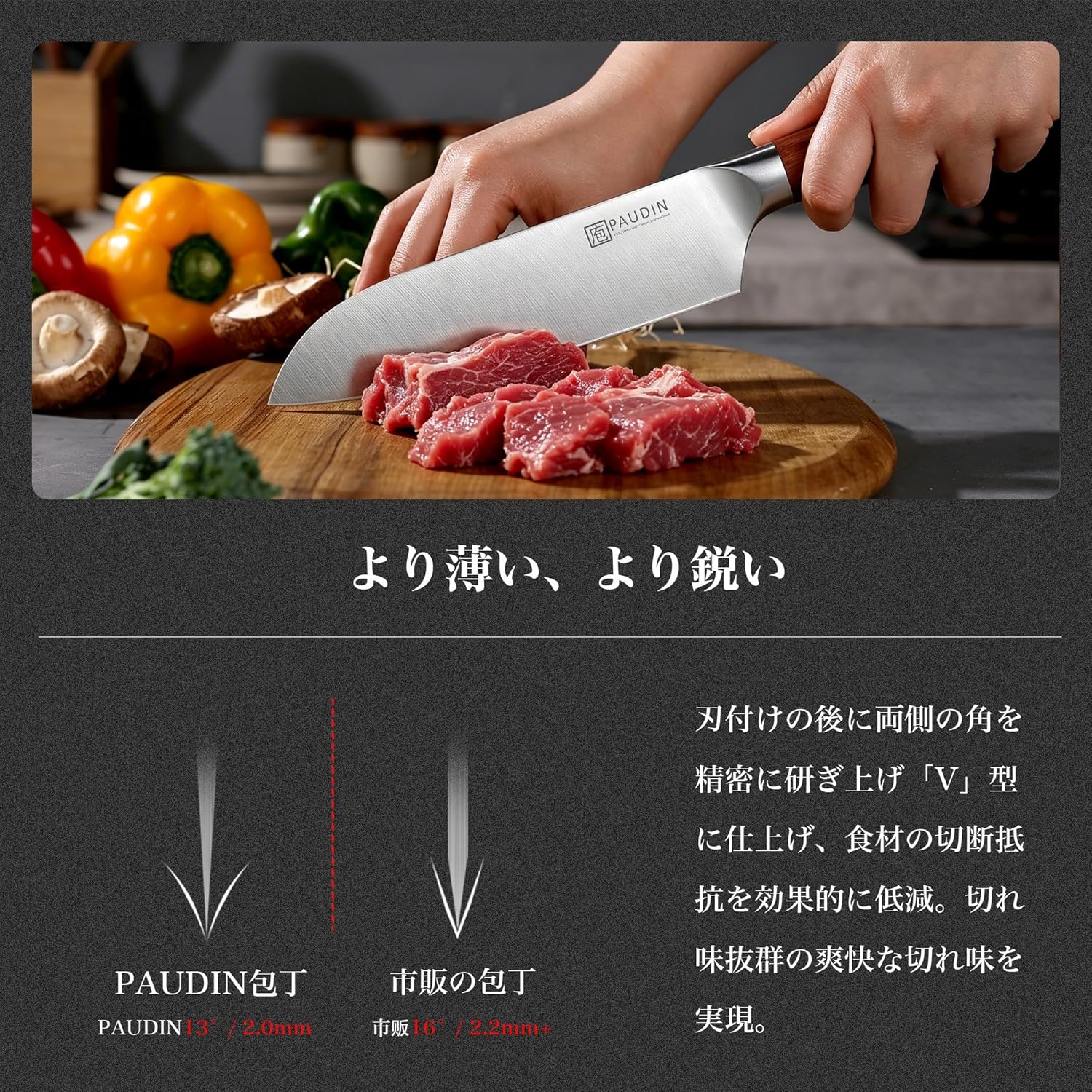 PAUDIN Santoku Knife, 6.9 inches (175 mm), 5Cr15Mov Stainless Steel, Natural Wood Handle, Easy to Cut, All-purpose Knife, Double-edged, Left Handed, Long Sharpness, For Meat, Fish, Vegetable Knife