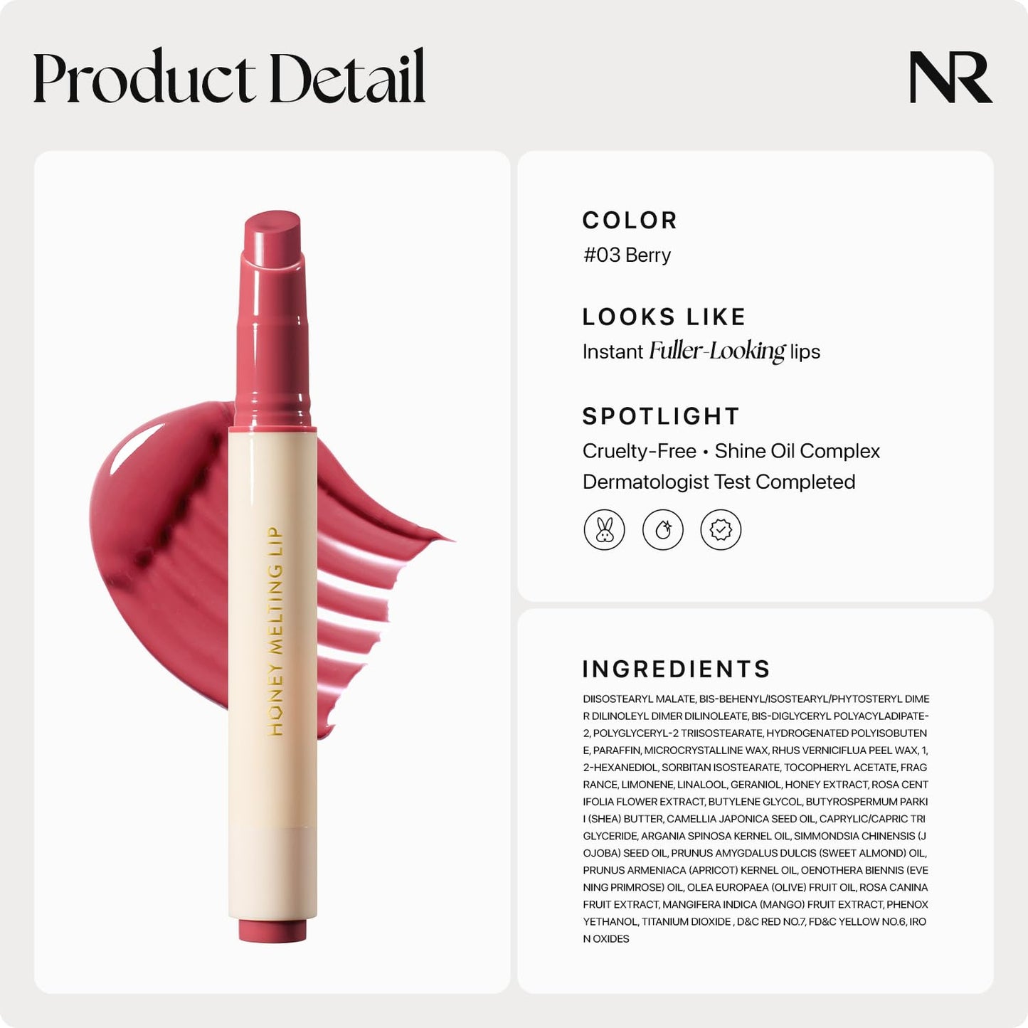 Nature Republic Labios de fusión de miel (03 BERRY) Palo de labios suave, brillo hidratante, bálsamos hidratantes, tinte transparente, brillo y acabado brillante, maquillaje coreano