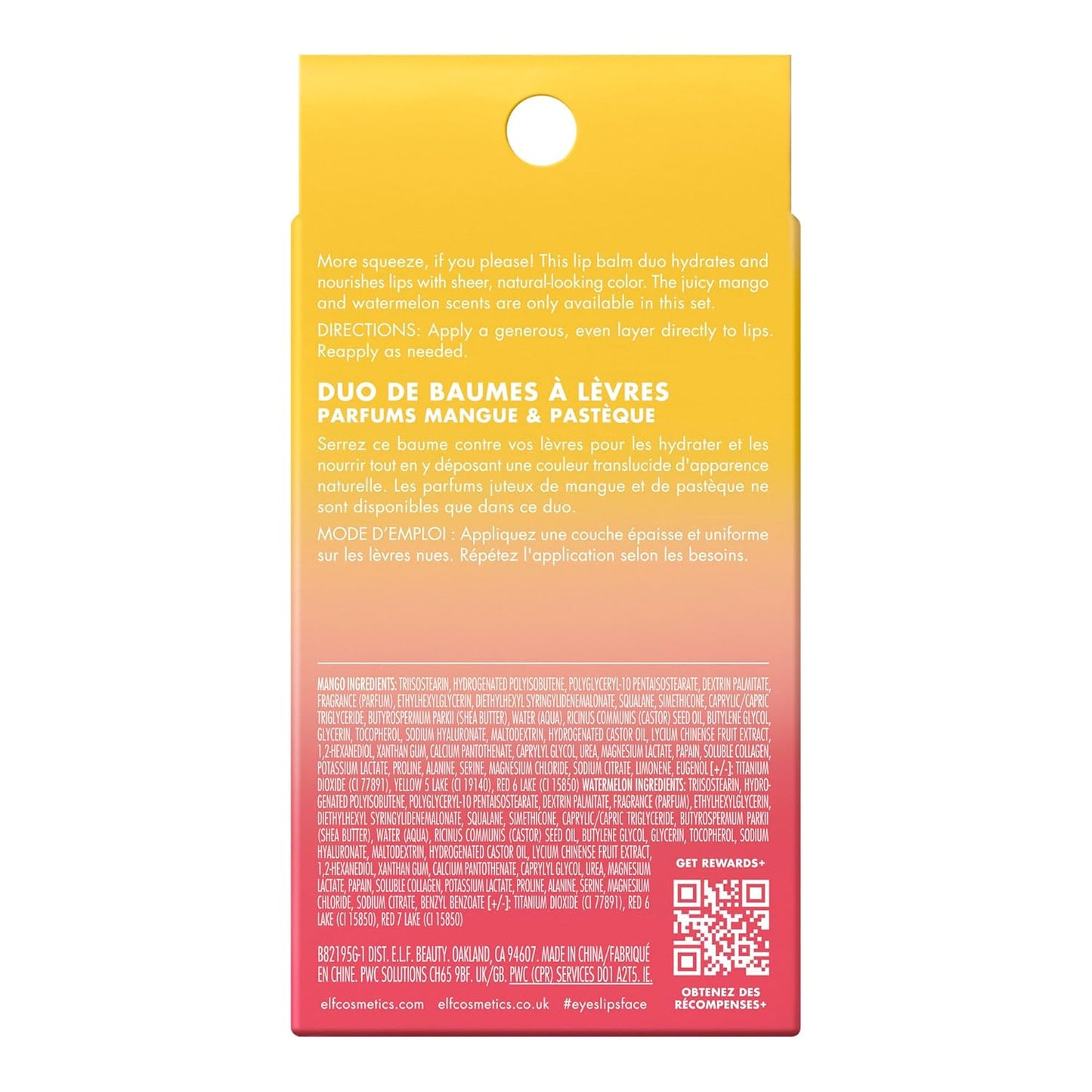 e.l.f. Squeeze Me More Lip Balm Duo - Bálsamo hidratante para un tinte de color transparente, fabricado con ácido hialurónico, vegano y libre de crueldad, mango y sandía