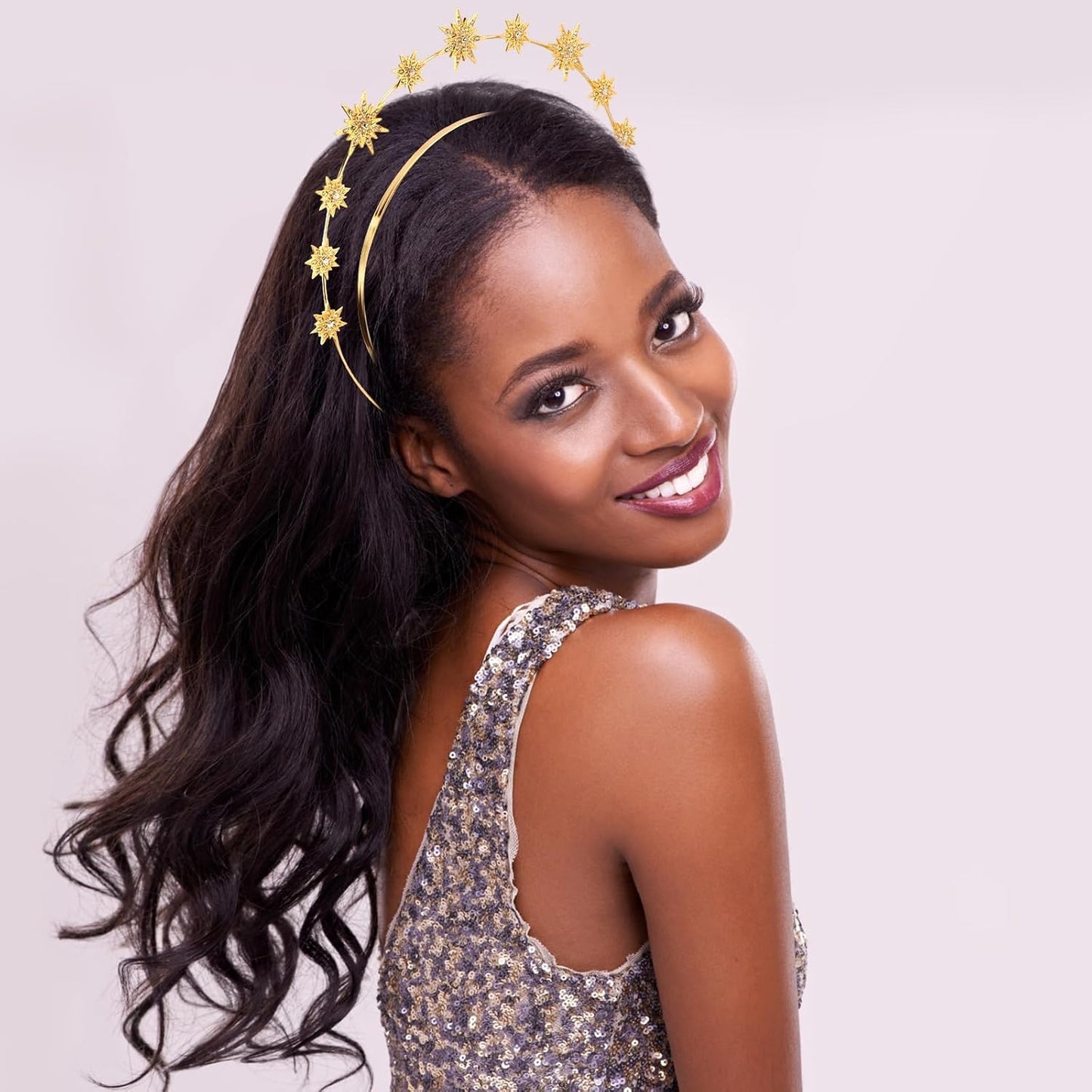 Gold Halo Star Crown Headband - Rhinestone Star Crown Headband for Women, Celestial Tiara Hair Accessories, Shiny Sparkly Headband for Birthday Party & Cosplay