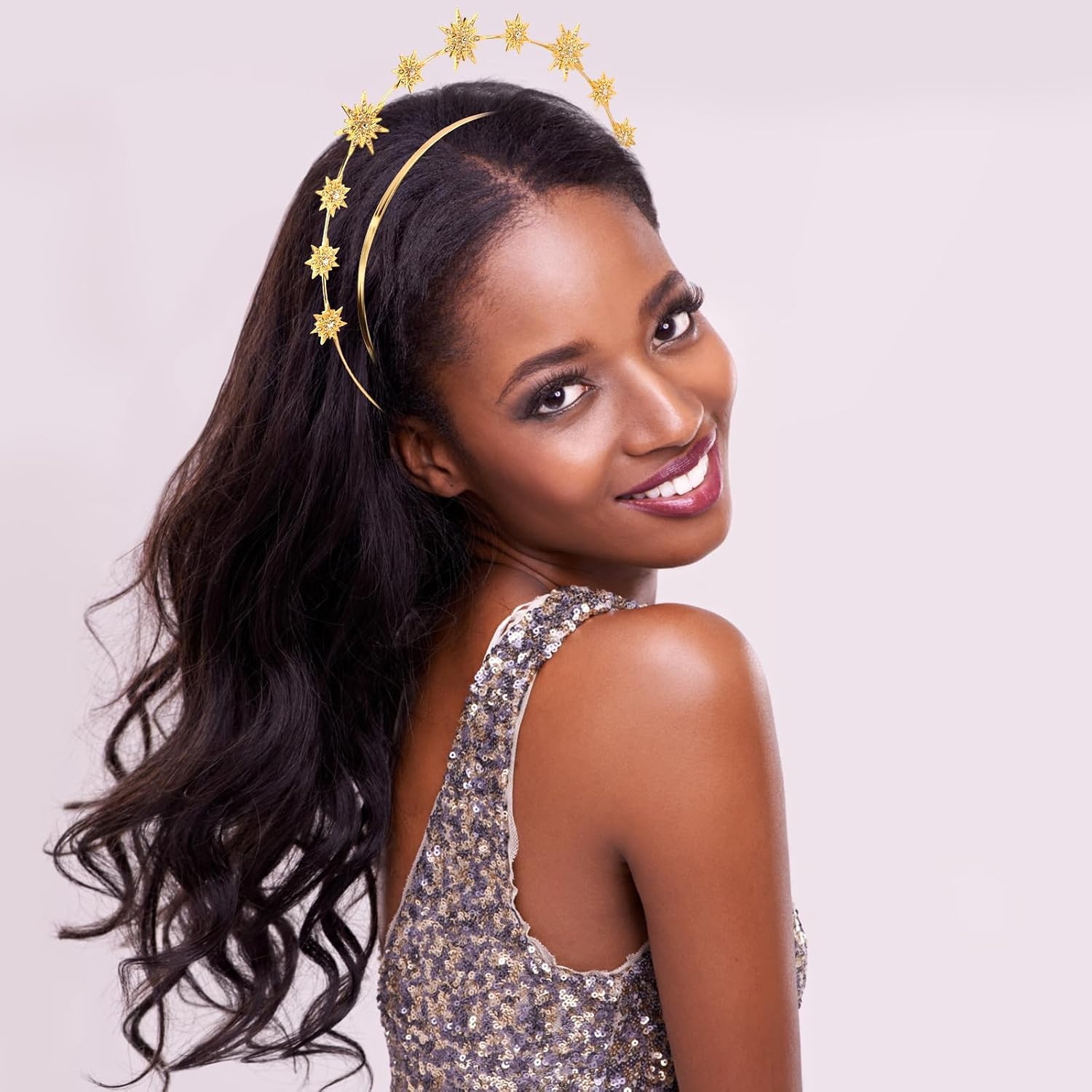 Gold Halo Star Crown Headband - Rhinestone Star Crown Headband for Women, Celestial Tiara Hair Accessories, Shiny Sparkly Headband for Birthday Party & Cosplay