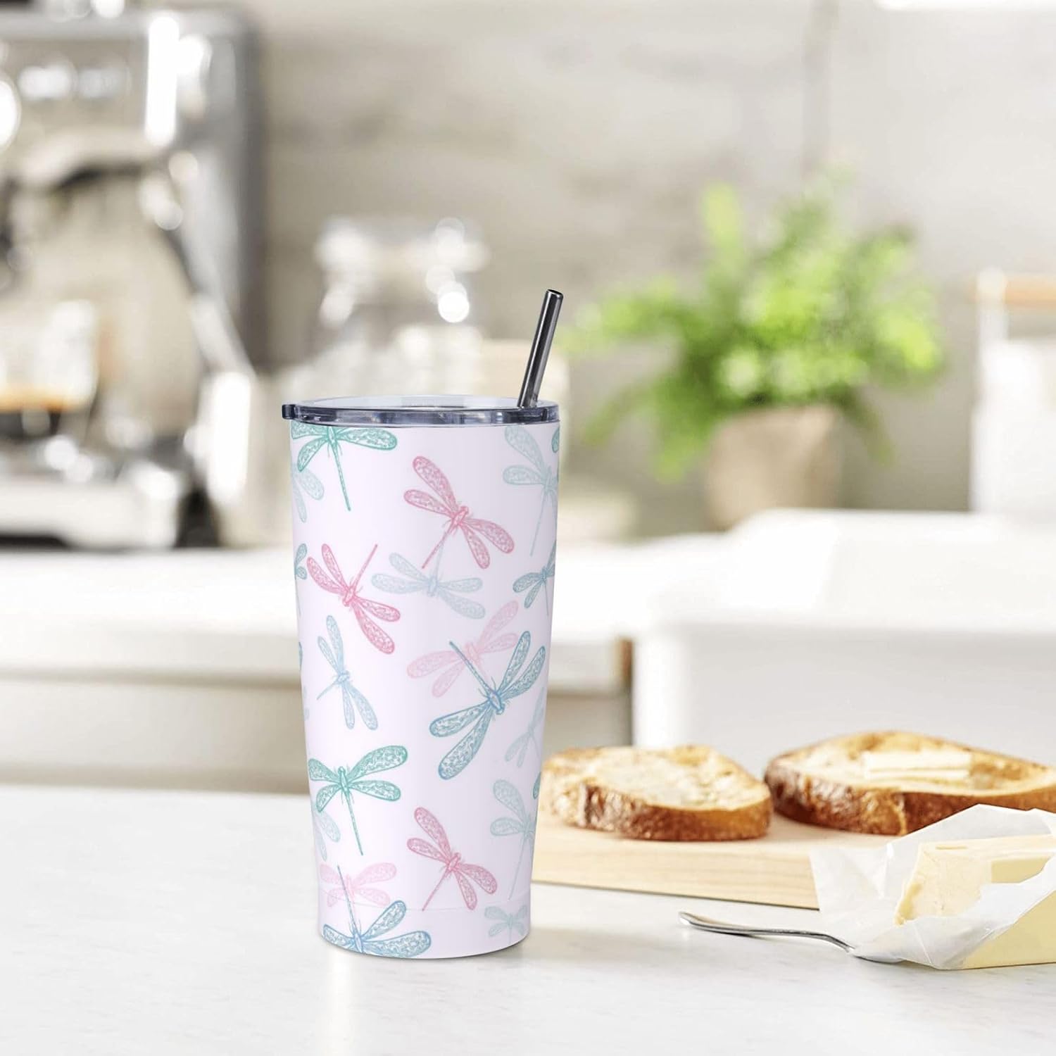 Dragonfly - Vaso de 20 onzas con tapa y popote para mujeres y hombres, taza aislada con diseño de libélula rosa y azul, para amantes de los animales, vaso de acero inoxidable de doble pared