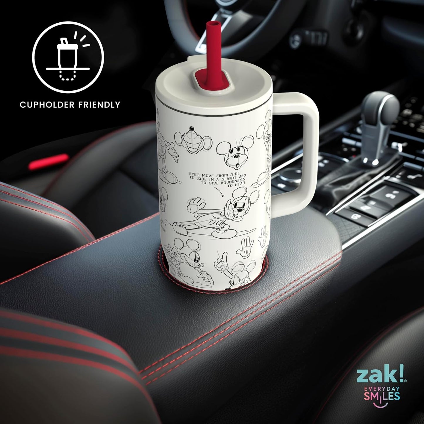 Zak Designs Disney Sutton Taza de viaje para llevar contigo, de 30 onzas, de acero inoxidable con aislamiento al vacío, con popote de silicona y asa para bebidas frías (dibujo de Mickey Mouse)