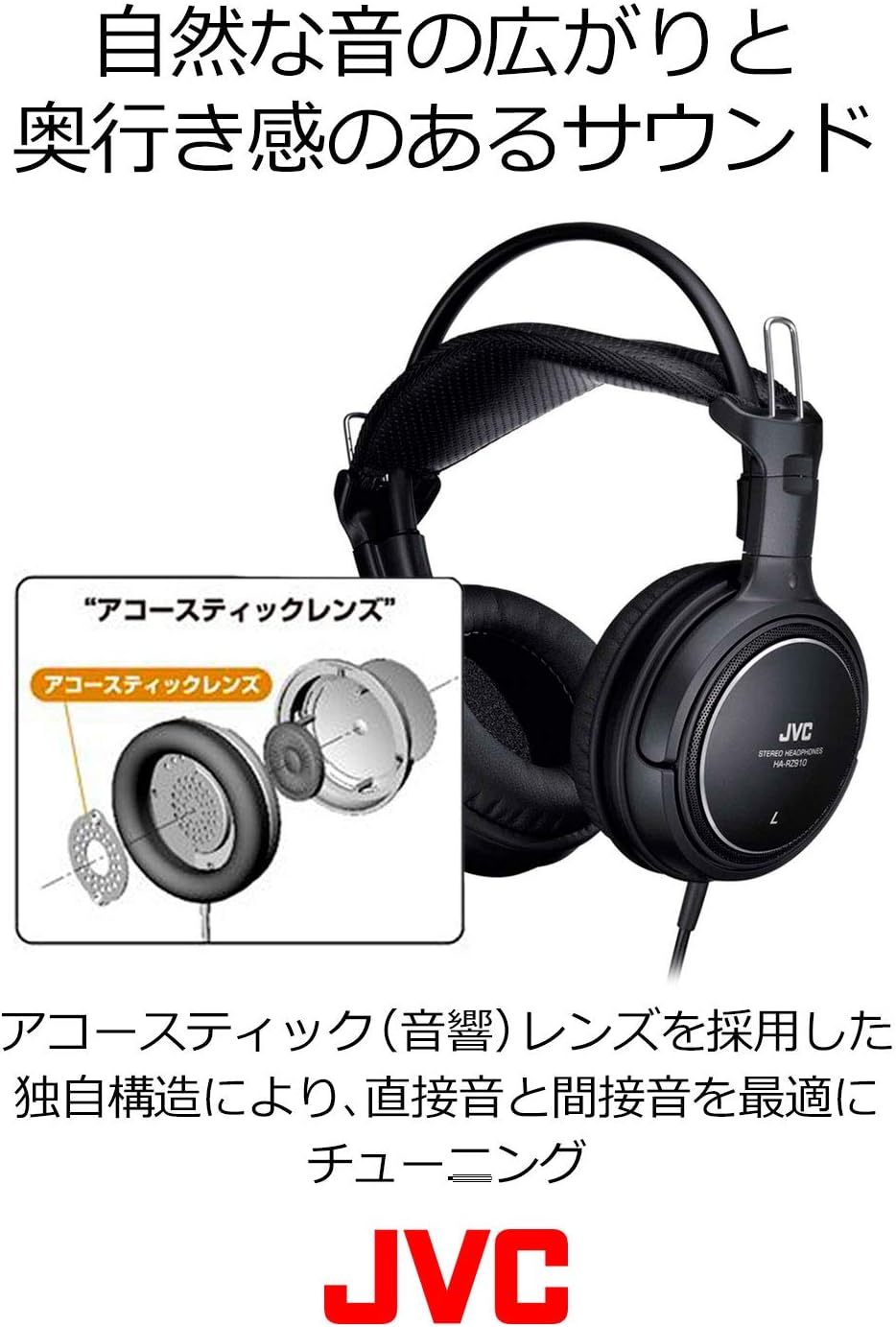 JVC HA-RZ910 Indoor Television Gaming Stereo Headphones with 1.2m + 2.3m Extension Cord, Black, Wired